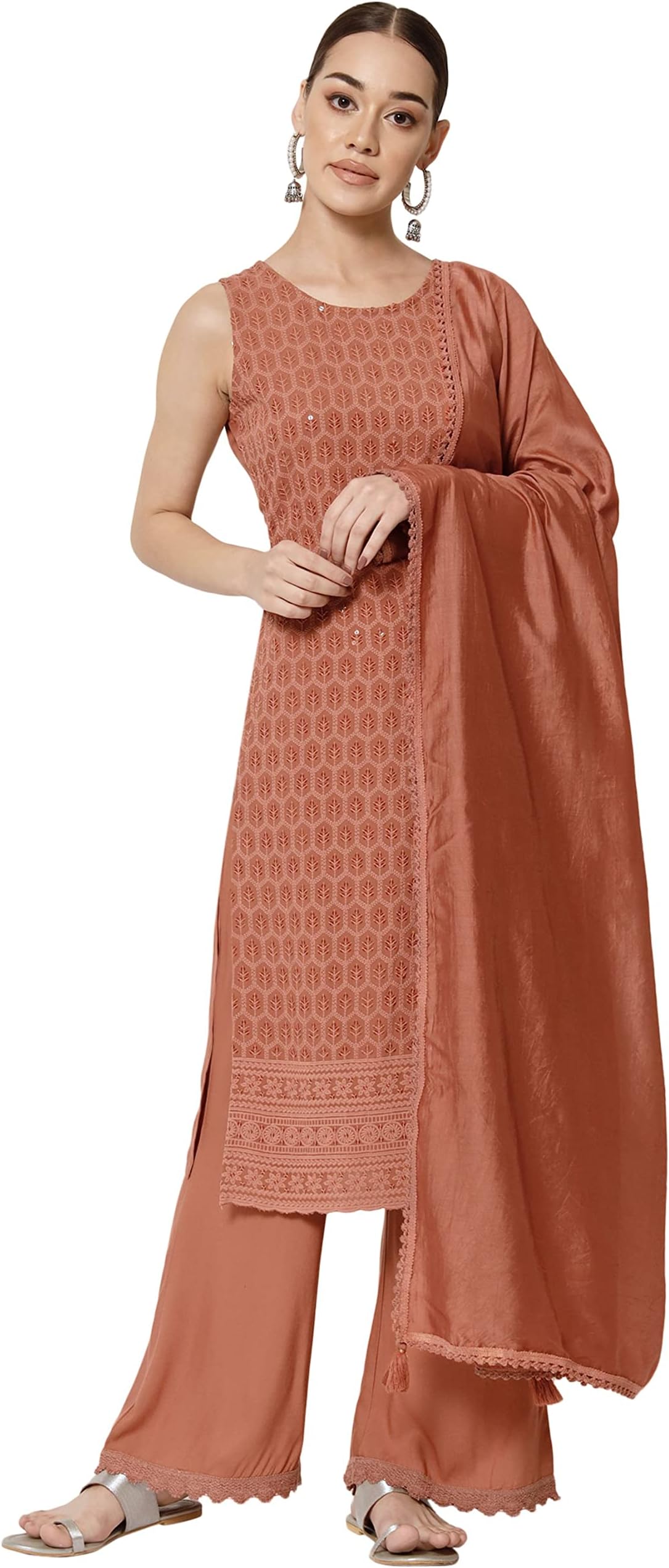 - Women's Rayon Lucknowi Chikankari Embroidery Straight Kurta,Palazzo and Dupatta Set