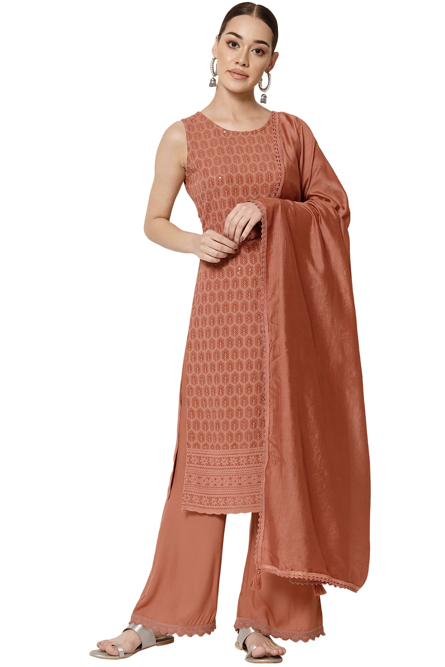 Women's Rayon Lucknowi Chikankari Embroidery Straight Kurta,Palazzo and Dupatta Set