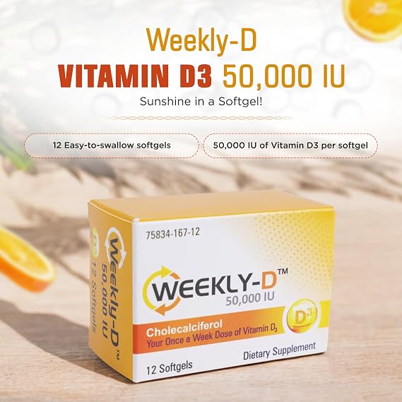 Nivagen Weekly-D Vitamin D3 50,000 IU (Cholecalciferol) | Once-Weekly High Potency Softgels | 12 Softgels | Supports Bone, Muscle & Immune Health | Easy to Swallow | Non-GMO, Gluten Free | Made in USA