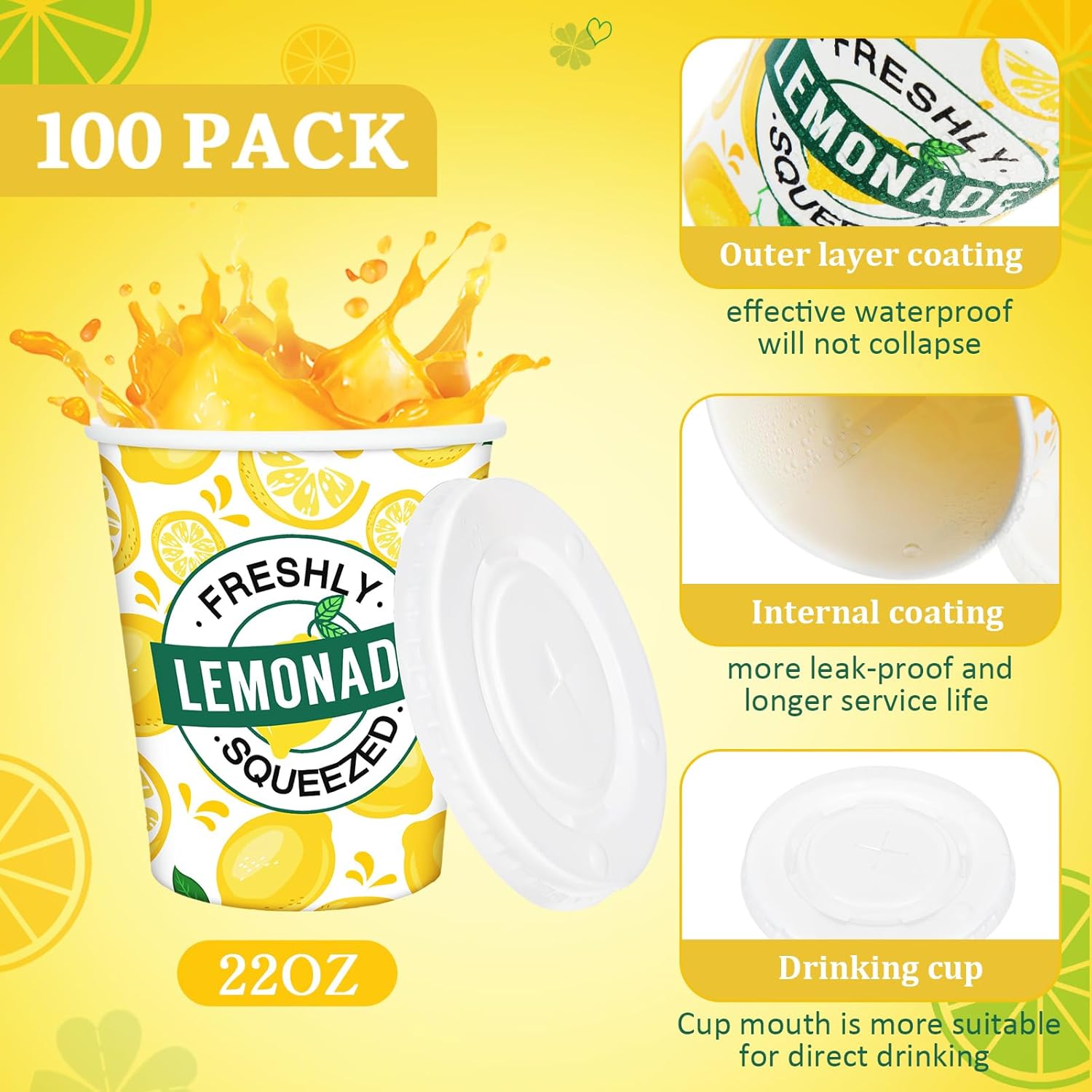 Meanplan 300 Pieces/100 Sets Lemonade Cups with Lids and Straws Disposable Cups for Party Decorative Lemon Paper Cup Lemonade Stand Supplies for Water Juice Kitchen Coffee Birthday Decorations (9 oz)