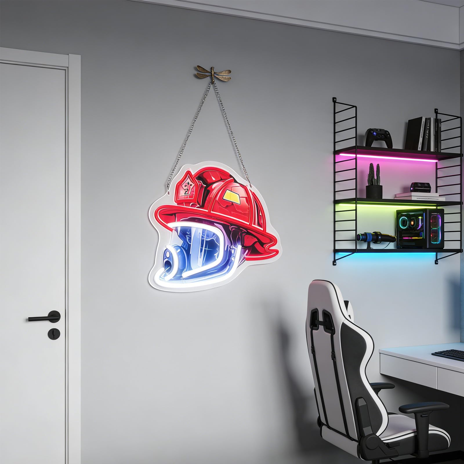 KICHOUSE Neonowa lampa LED z hełmem strażaka - dekoracja ścienna z podświetlanym hełmem strażaka - ściemnialna lampka nocna do baru, garażu, sypialni i remizy strażackiej