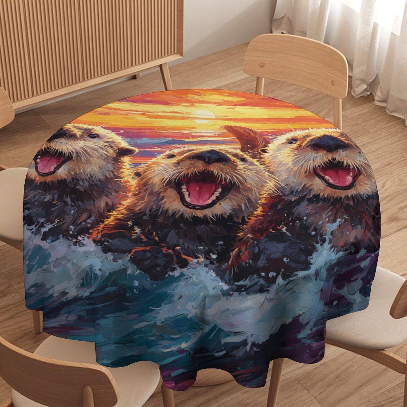 LUYYSKY Funny Realistic Cute Otters Waterproof Round Tablecloth Rustic Colorful Nautical Sunset Ocean Birds Seagulls Animals Otters Pr Washable Table Cover for Kitchen-91.4" Wx91.4 L cm