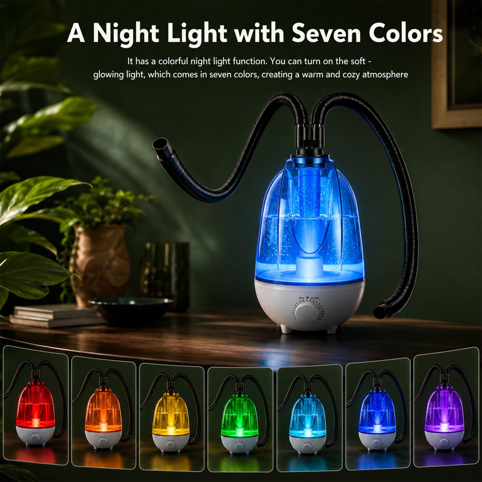 Nebulizzatore per Terrario Rettili, 4L Umidificatore per Terrario 300mL/h, Tubo Regolabile 40-160cm, 7 Colori Luce Notturna, Protezione Anti-Siccità, Ultrasonico Silenzioso con Doppio Ugello