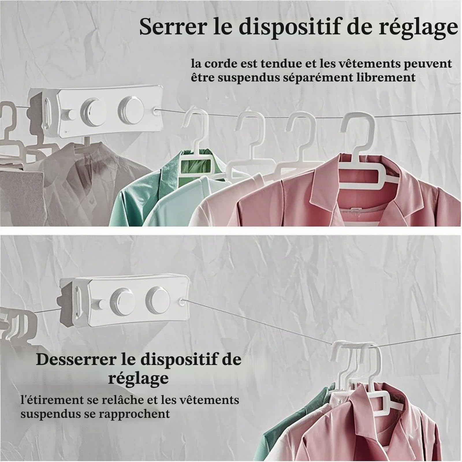 Corde à Linge Rétractable 5.1m,Fil à Linge Anti-Affaissement 20kg | Étendoir Linge Extérieur Mural Inox, Installation Facile pour Balcon, Salle de Bain, Camping (Blanc)