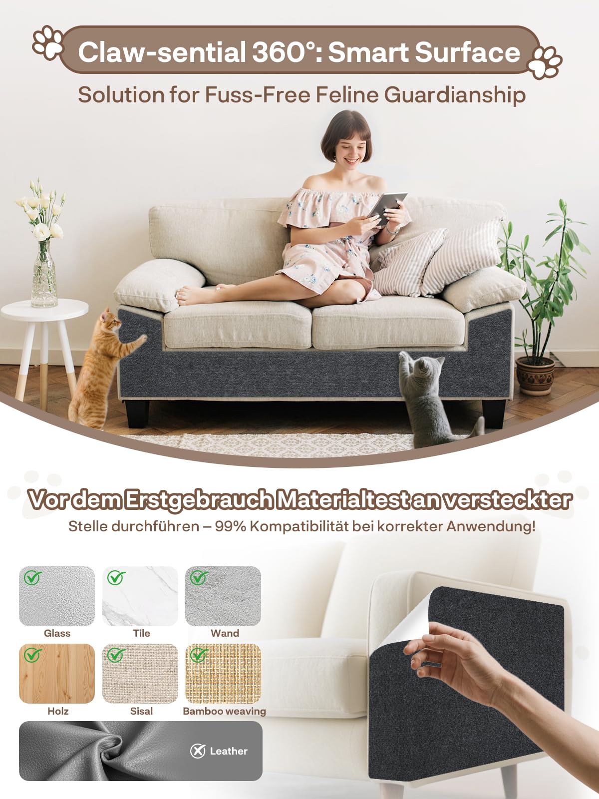 2 Pezzi Tappeto Tiragraffi per Gatti Autoadesivo 200*40CM：TOOSOFt DIY Tagliabile Protezione Divano Graffi Gatto - Antigraffio Gatto divano - Tiragraffi Divano per Divani,Mobili e Pareti(Grigio Scuro)