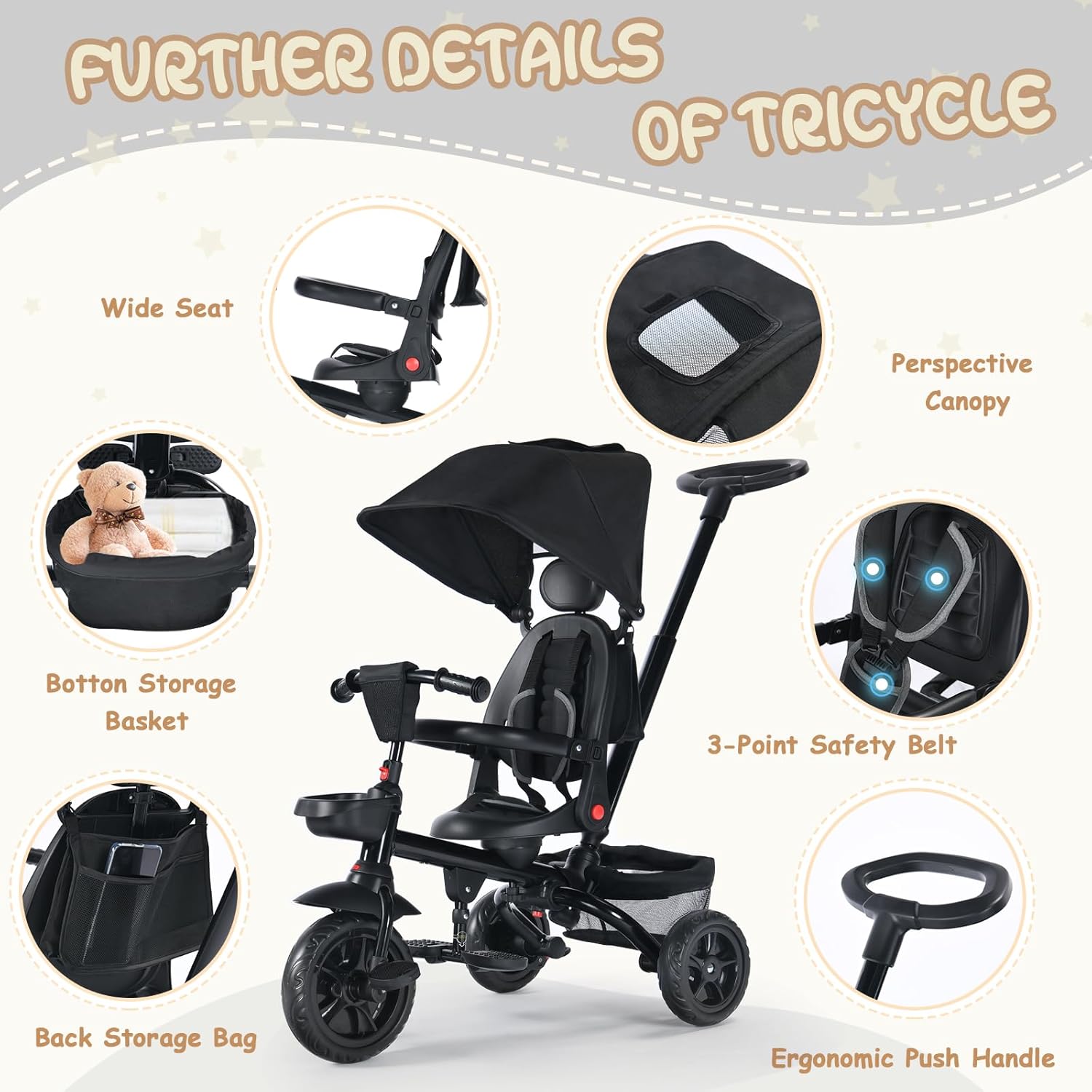 TODEFULL Folding Kids' Tricycle, 8 IN1 Baby Trike W/Removable Canpoy&Parental Push Rod, Toddler Bike Stroller for Kids 1-5 Years, 360° Swivel Seat, EVA Wheels，Storage Basket, Black