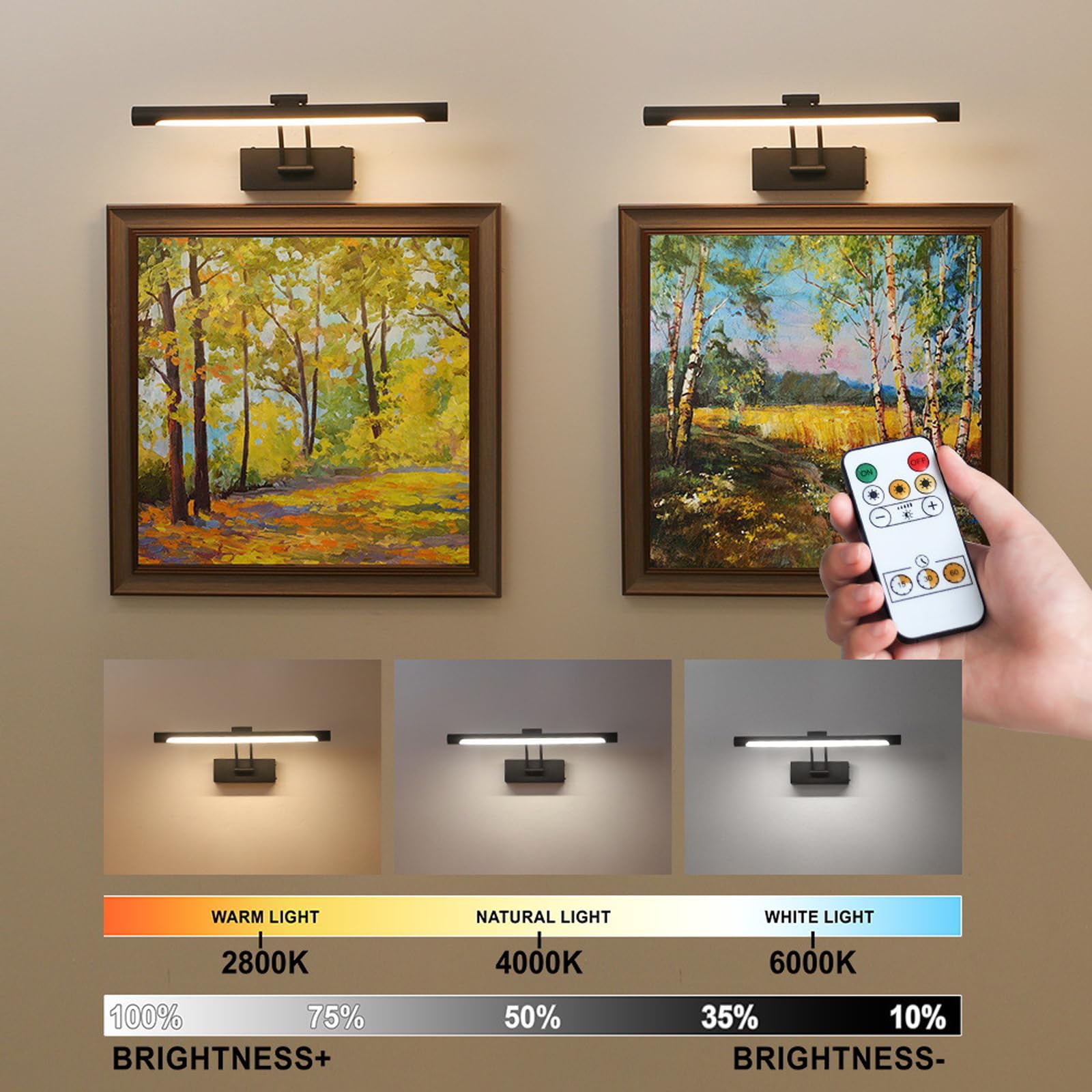 Luce per quadri con telecomando da 40,6 cm, con 3 impostazioni di temperatura di colore, per esposizione artistica da parete