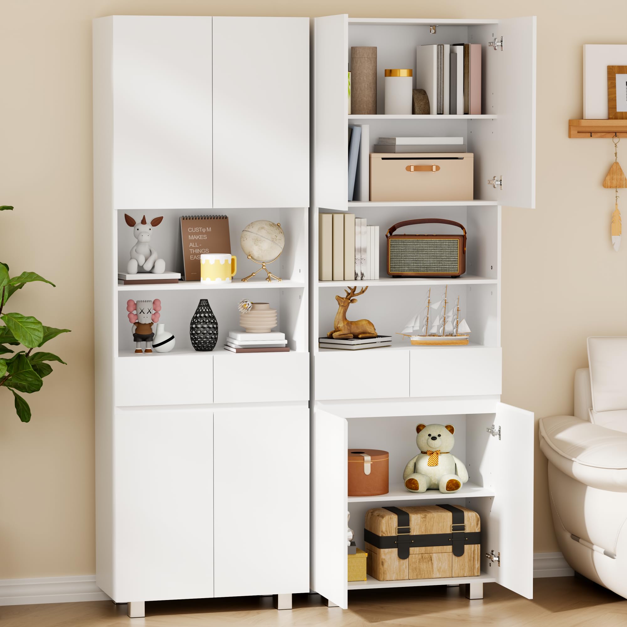ANWBROAD Armoire de Salle de Bain,Meuble Colonne Salle de Bain,Meuble de Rangement,avec Étagères Réglables,2 Tiroir,Compartiments,pour Salon,Cuisine,30x60x180 cm,Blanc SBC012W