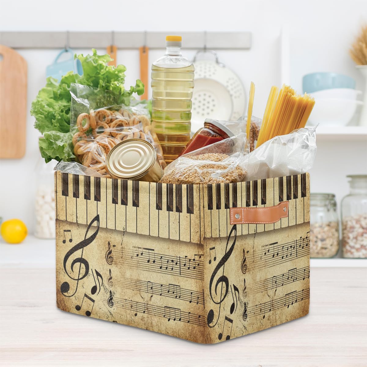 AUUXVA Vintage Storage Baskets Music Note Storage Bins Piano Key Storage Cube Box Collapsible Canvas Book Basket Organizer Bin with Handles for Shelf Closet Bedroom Home Office, 2 Pcs