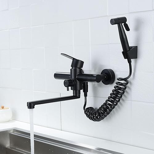 Miniatura 2 de Grifo de fregadero de cocina para montaje en pared, grifo comercial negro mate con rociador lateral, grifo mezclador de acero inoxidable, grifo de