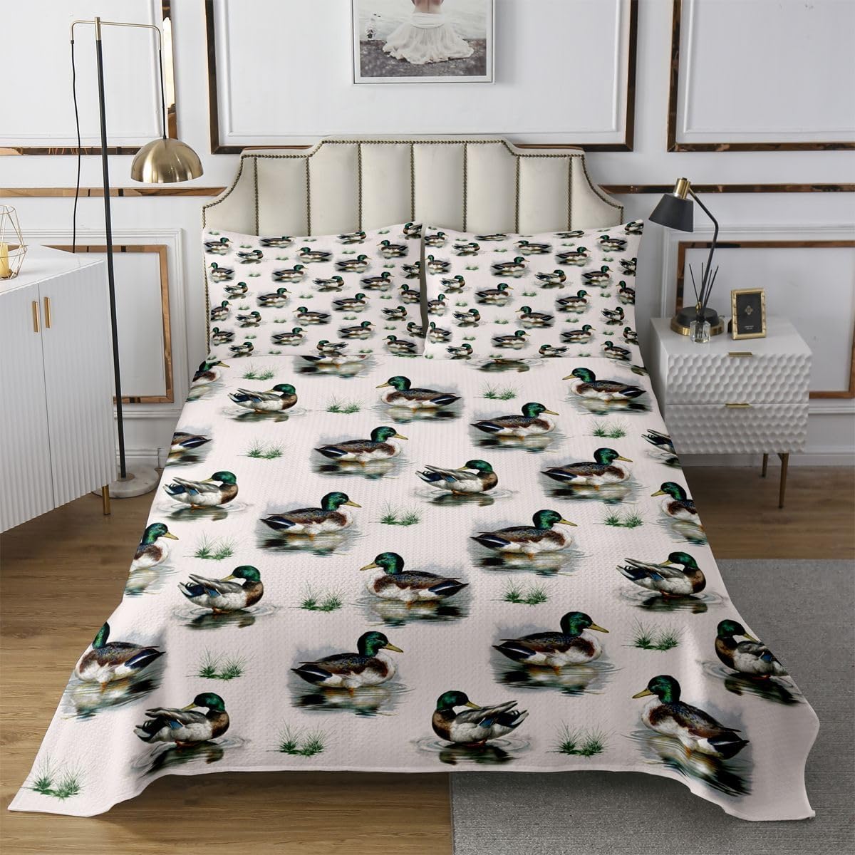jejeloiu Wild Duck Bedspread Quilts Duck Coverlet Set Twin Size for Kids Boys Girls Cute Mallard Quilted Coverlet for All Season with 1 Pillowcase Microfiber