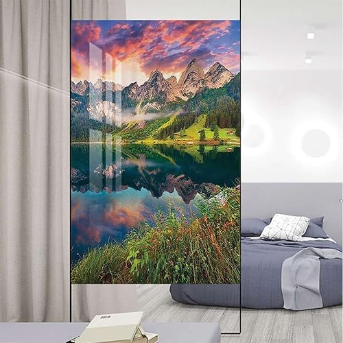 Miniatura 2 de Marfil verde naranja sin adhesivo, decoración de ventana de vitral, colorido verano amanecer en el lago, película de privacidad estática para