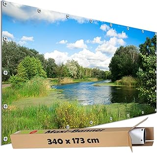 TRIOSK Sichtschutz Garten Dekoration Plane groß mit Natur Motiv Fluss Ufer Wasser Wiese Motivbanner blickdicht für Terrasse Zaun Gartenzaun Gartenposter PVC Zaunblende 340x173 cm