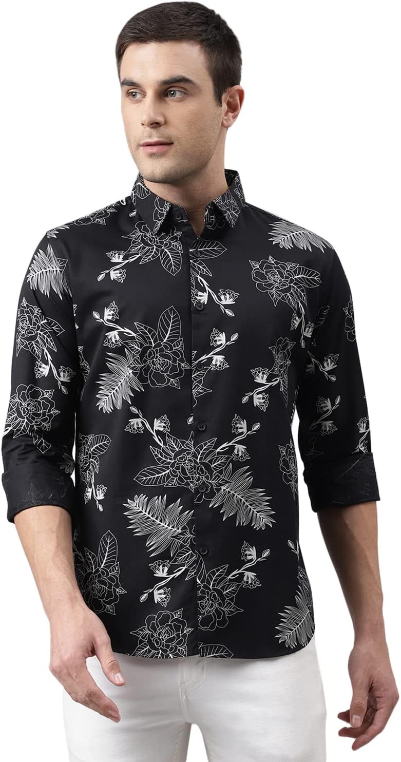 Dennis Lingo Men's Printed White Slim Fit Cotton Casual Shirt (C9002)