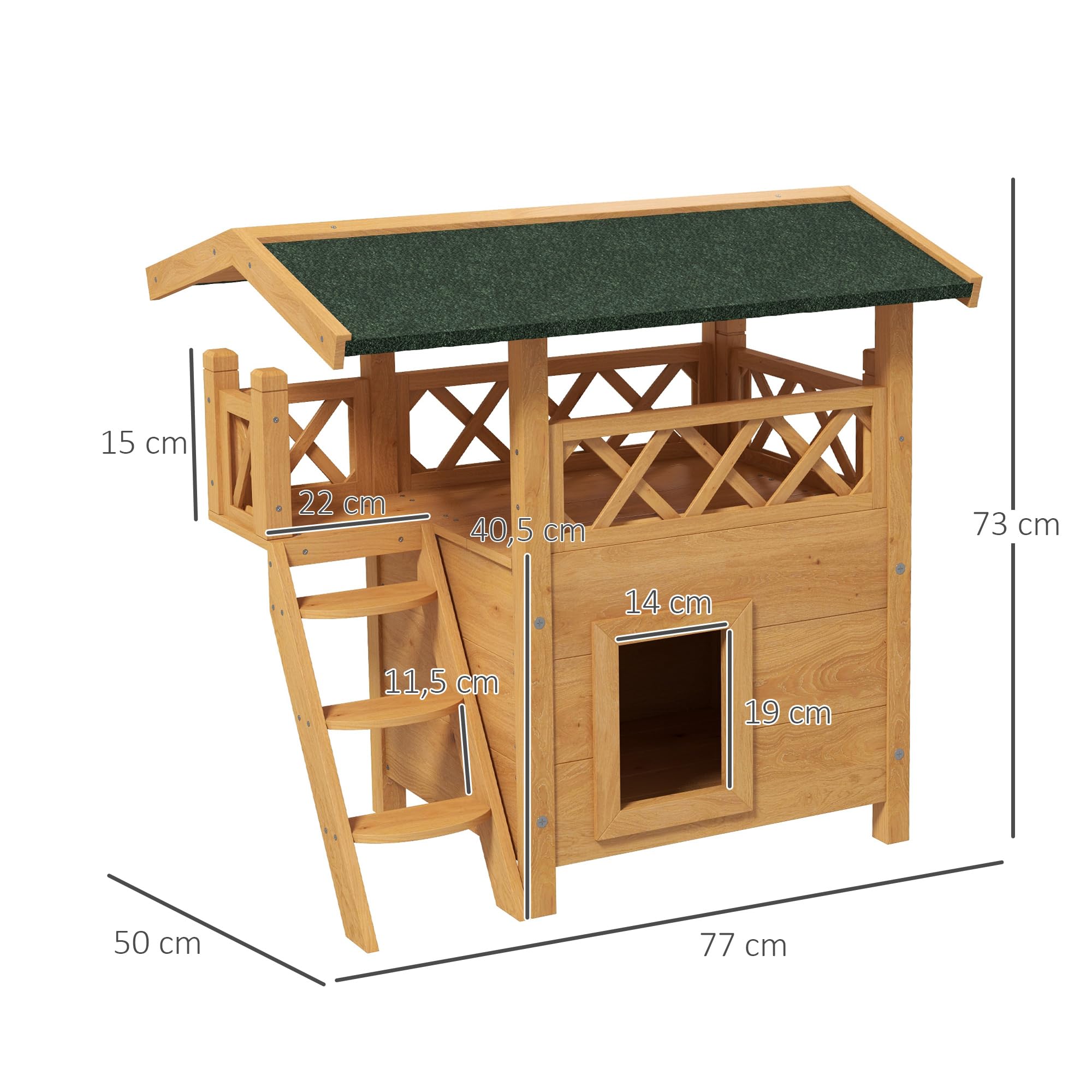 PawHut Casa para Gatos de Madera 77x50x73 cm de 2 Niveles con Techo Asfáltico, Escalera y Balcón para Exterior Natural
