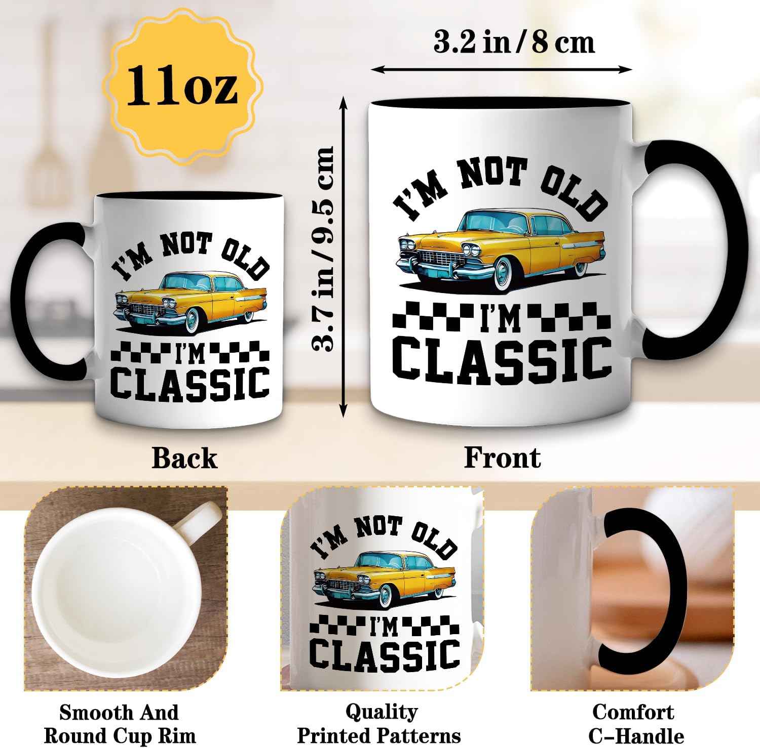 Funny Retro Car Coffee Mug, I'm Not Old I'm Classic, 11oz Ceramic Coffee Tea Cup, Retirement Gifts for Men Dad Grandpa, Christmas Birthday Gifts for Father Husband Uncle Friend Car Lovers - Image 2