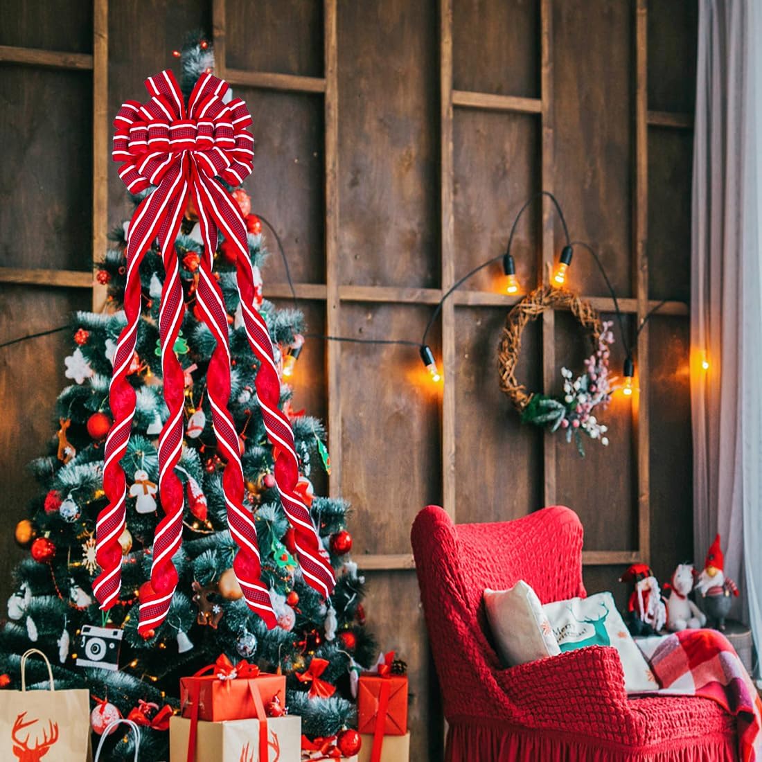 Christmas Tree Topper Bow Large Red Christmas Wreath Bow Tree Topper, Flocking Fabric with White Raw Edge Gift Bows for Xmas Ornament Holiday Home Thanksgiving Indoor/Outdoor Decor 52x13 Inches - Image 5