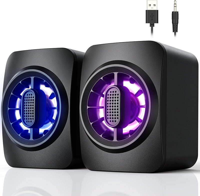 Computer Speakers,RGB PC Speakers, USB Powered 3.5mm Aux Speaker for Desktop, PC, Laptop, Tablet - Small Computer Speakers | Clear Sound & 7-Color Dynamic Lighting