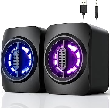 OFFSIR Computer Speakers, 2.0 RGB PC Speakers for PC or Laptop, USB Powered 3.5mm Aux input, 7 Colorful RGB Lights,Portable Compact Speaker for Desktop, 1 Pair-Black