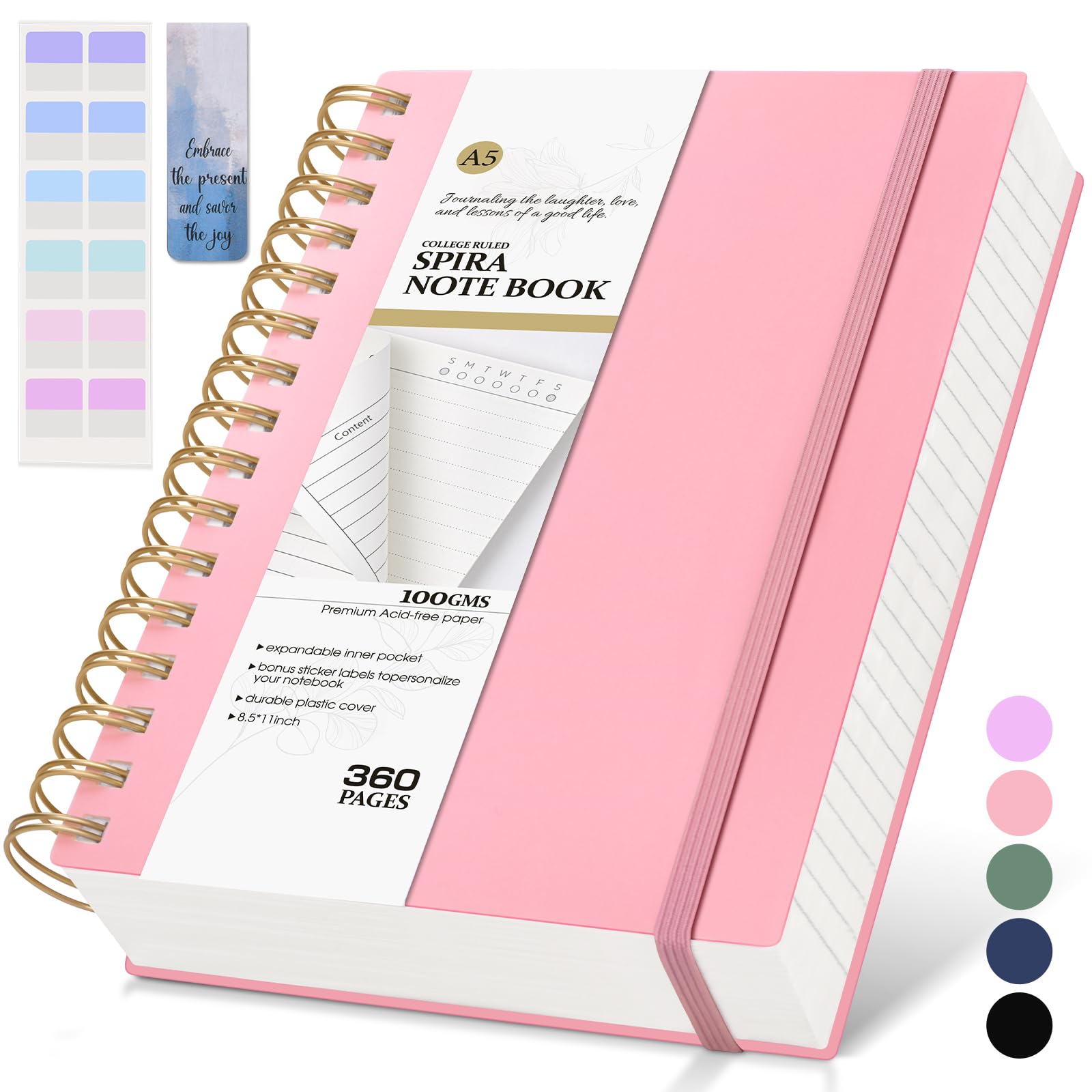 Pink Spiral Notebook Journal,360 Pages College Ruled Notebook, Lined Thick Journals for Women Men,A5 Thick Spiral Journal for Writing,100GSM Paper,