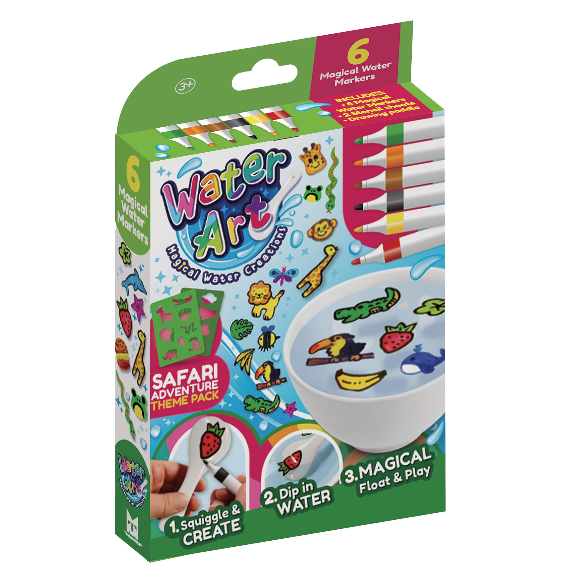 Water Art Safari Explorers 6 Pen Pack  DIY Magical Kit with 6 Water Markers, 2 Stencil Sheets & Ceramic Spoon