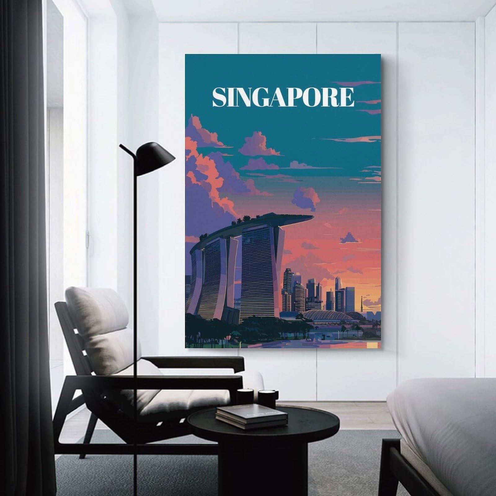 Junmoney Singapore Skyline at Sunset(3) Decorative Wall Artwork 24x36inch(60x90cm), for Home Lounge, Bedroom Or Reading Nook, Modern Wall Decor for Cosy Interiors