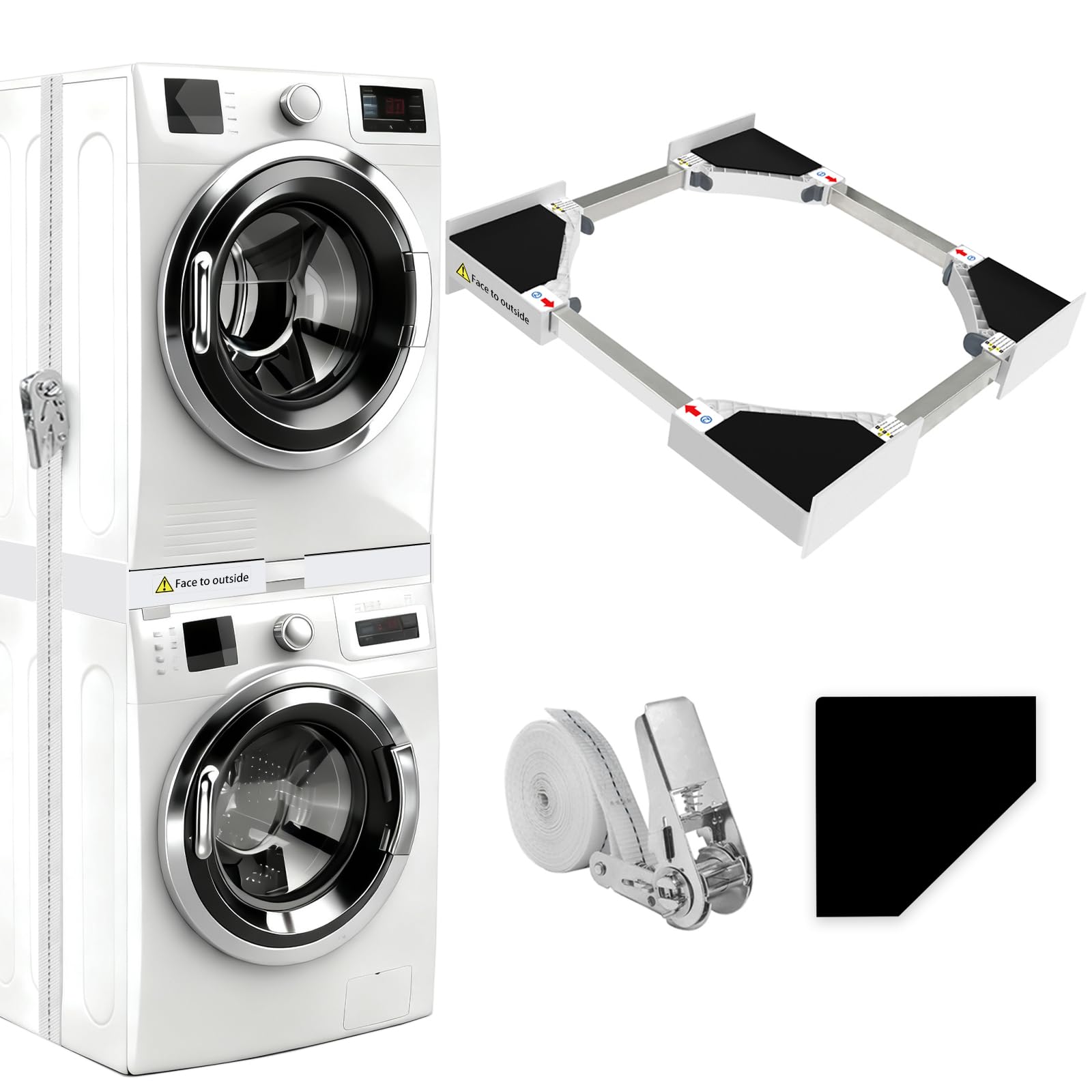 NIUXX Universal Stacking Kit for Washer and Dryer, Adjustable Stacking Frame Kit Fit for 46-66 cm Washing Machine and Tumble Dryers, Stacking Shelf with Ratchet Ropes and Anti Vibration Feet