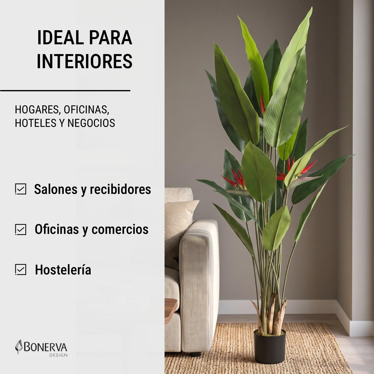 BONERVA | Strelitzia Artificial Ave del Paraíso 180 × 100 cm | Planta Artificial Grande con 18 Hojas y 3 Flores Realistas | para Interior con Maceta Incluida