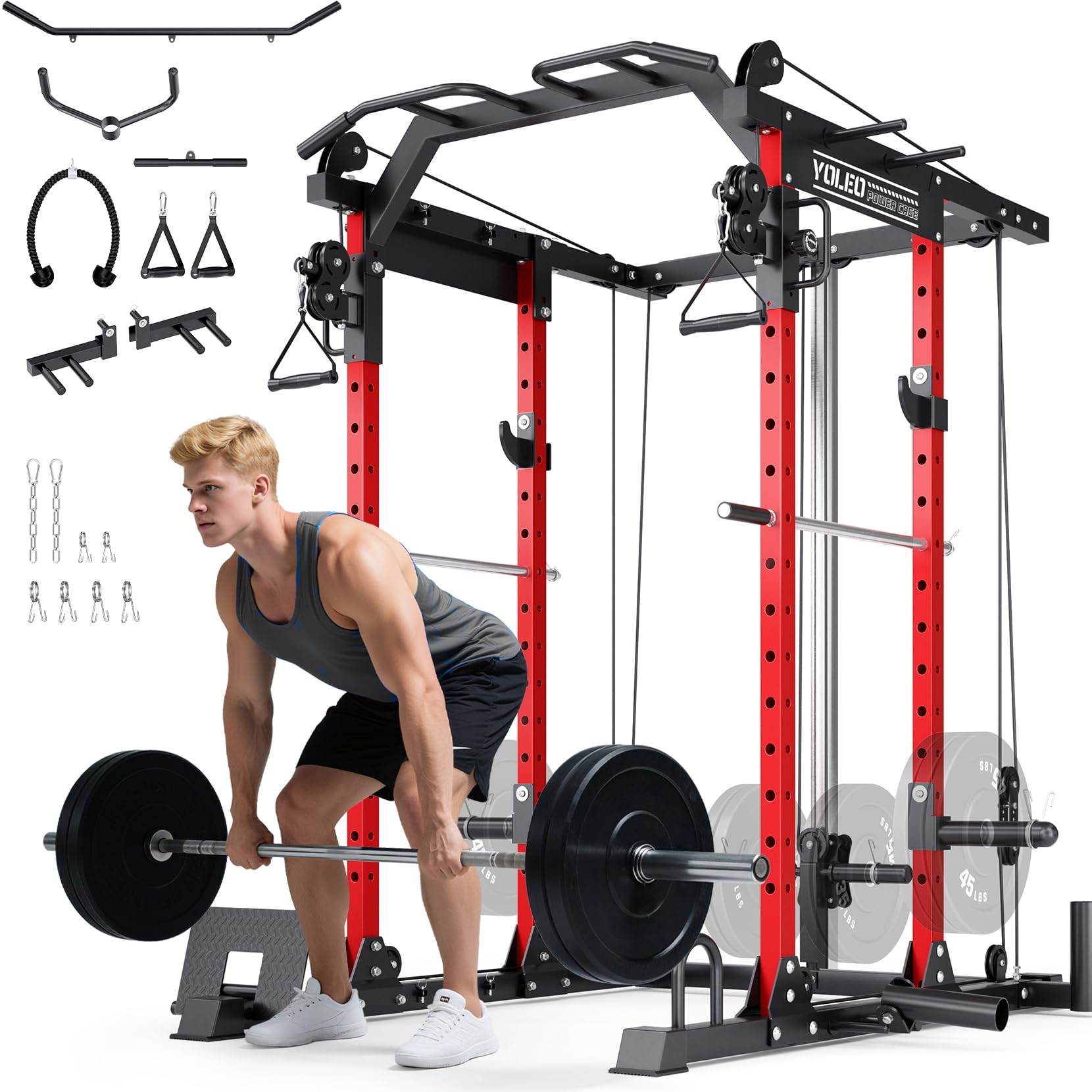 YOLEO Cable Machine Home Gym 2 in 1, Rowing Machine &amp; LAT Pulldown Station