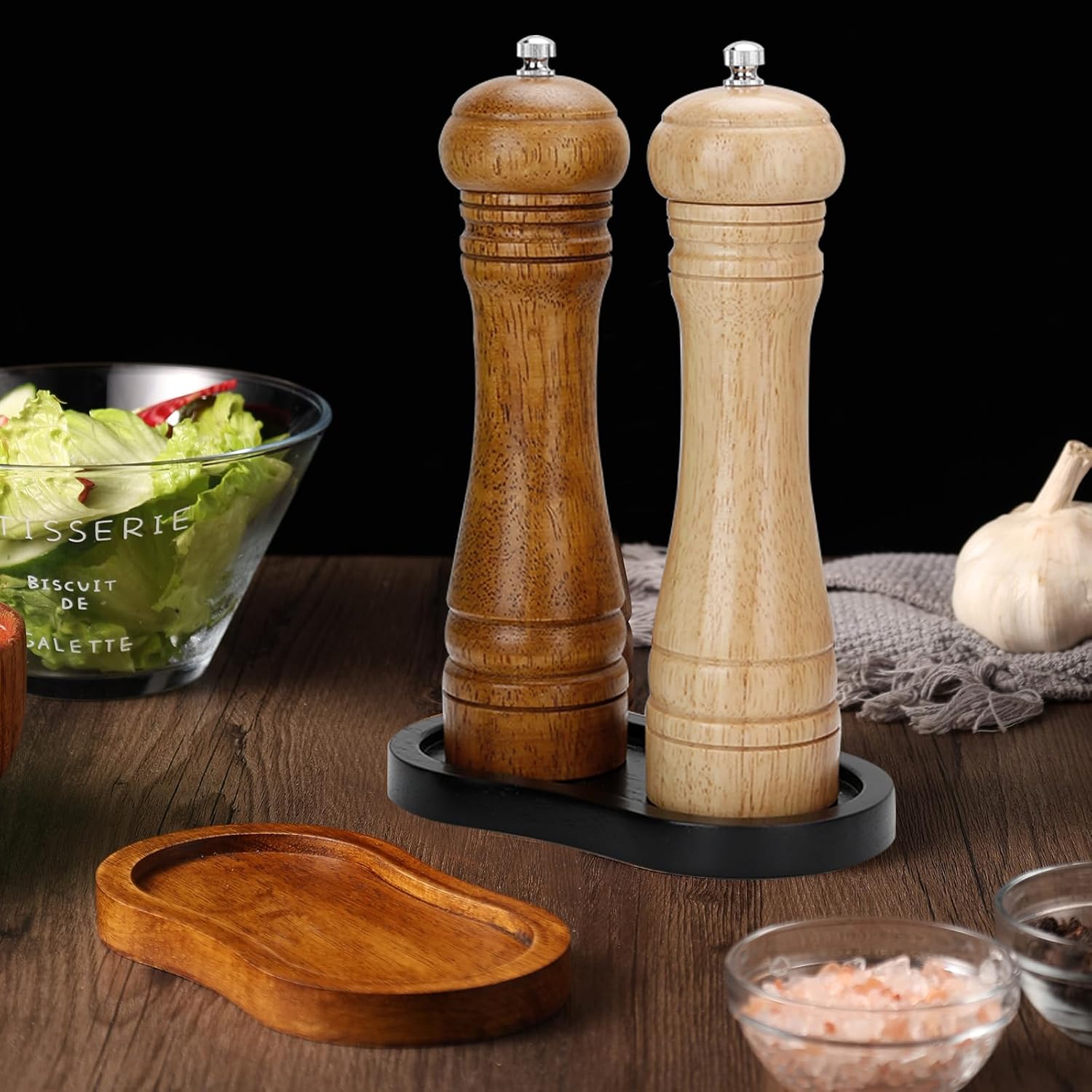 Black Wooden Pepper Grinder Tray – Stylish Holder for Salt and Pepper Shakers – Countertop & Tabletop Protector for Kitchen & Dining (Mill Not Included)