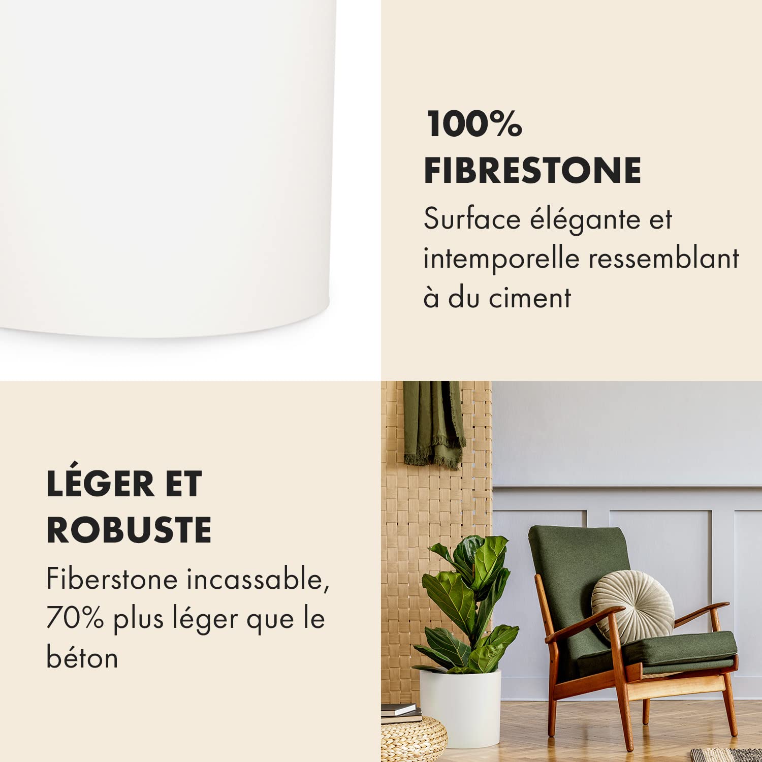 Pot de Fleur Interieur et Extérieur, Jardinieres Exterieur, Pot Plante Résistant UV et Gel avec Bouchon de Drainage, Fiberstone, Jardiniere, Pot de Fleur Exterieur Grande Taille, Pot Unique