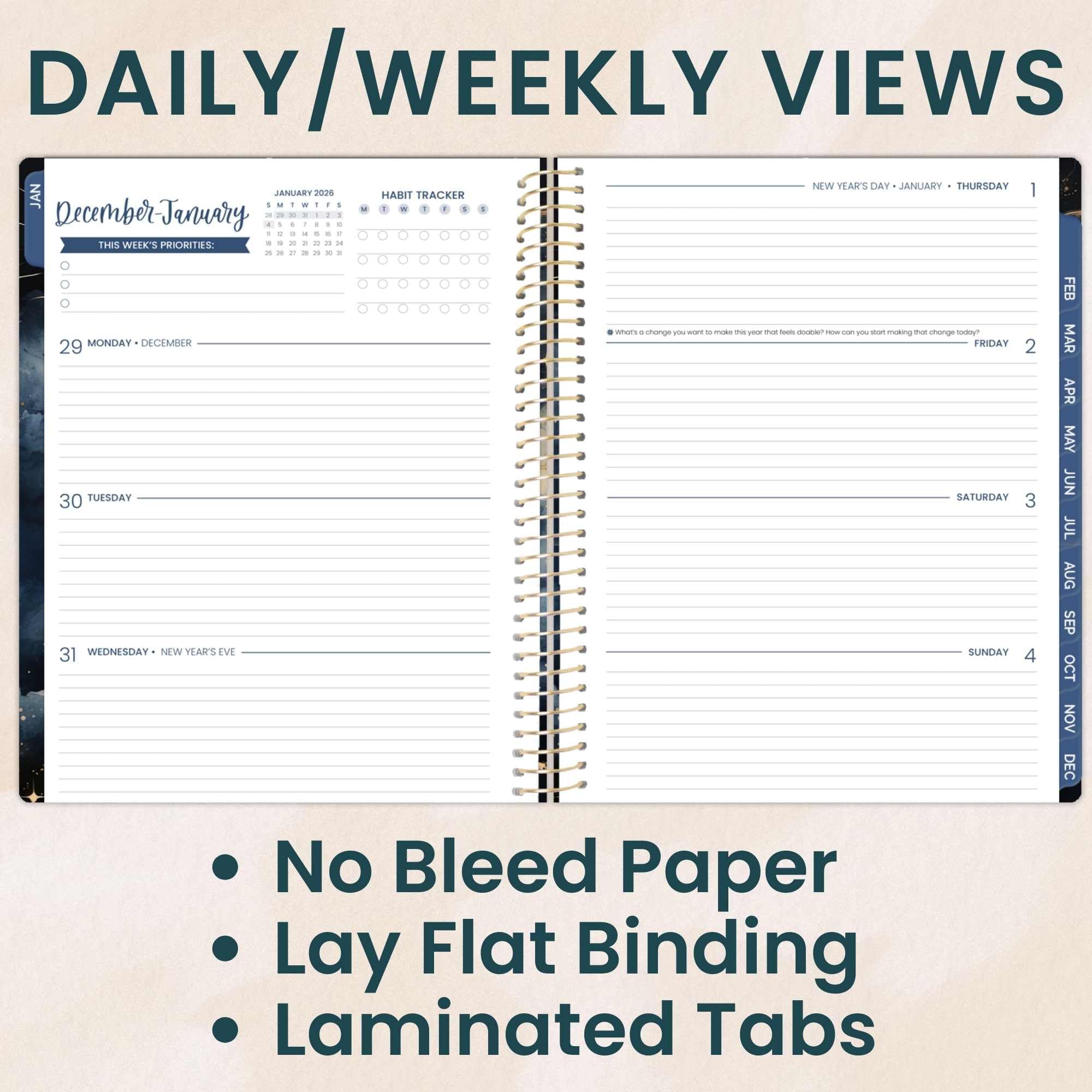 bloom daily planners Planer 2026 (od stycznia do grudnia) - 21,5 cm x 28 cm tygodniowy i miesięczny organizer z naklejkami i zakładkami - elastyczna miękka okładka - Midnight Sky
