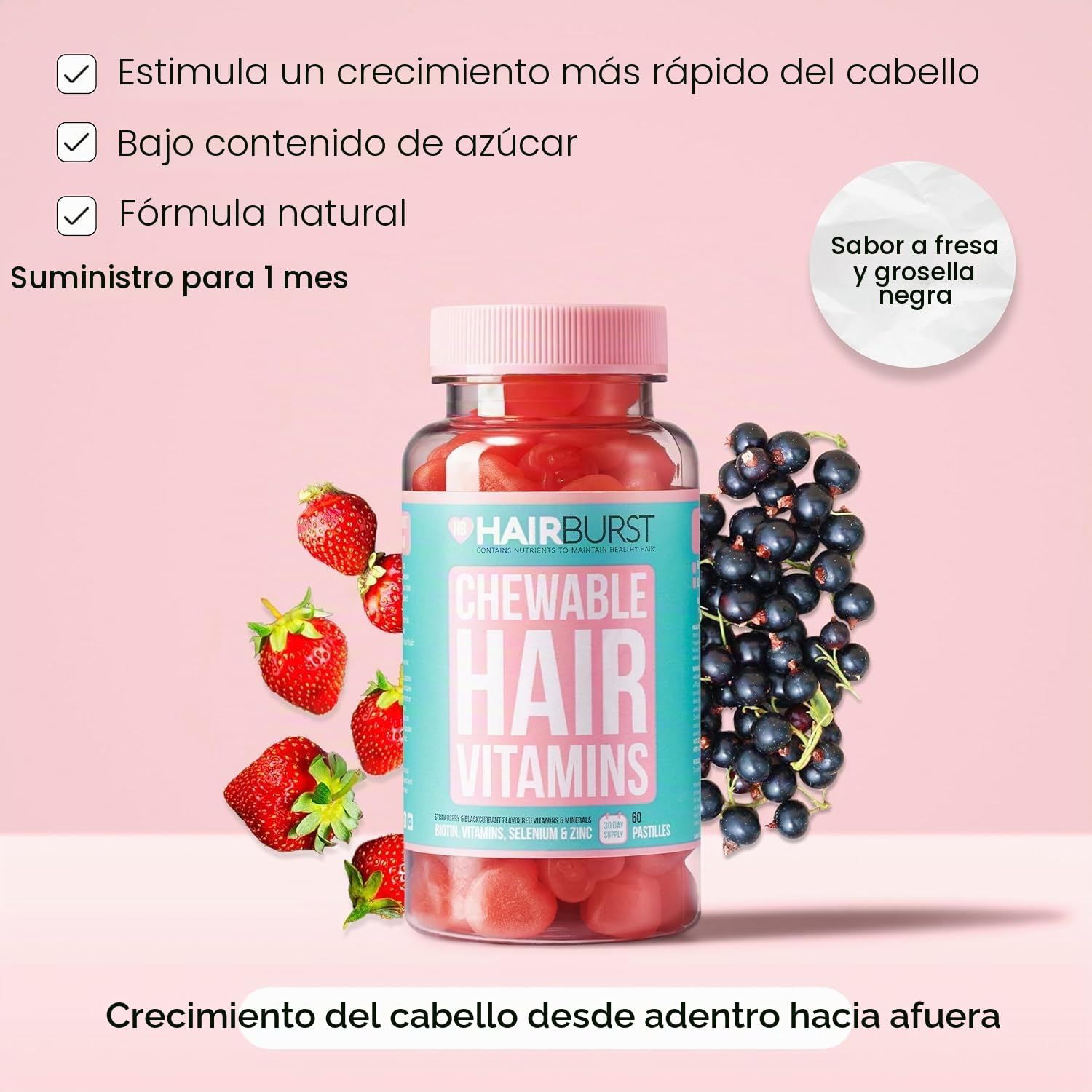 HAIR BURST Gominolas de Vitamina para el Cabello de Hair Burst con Biotina para un Cabello más Largo y Grueso — Zinc Añadido, Vitamina C y Selenio - Suministro para 1 mes (Paquete de 60 Gummies)