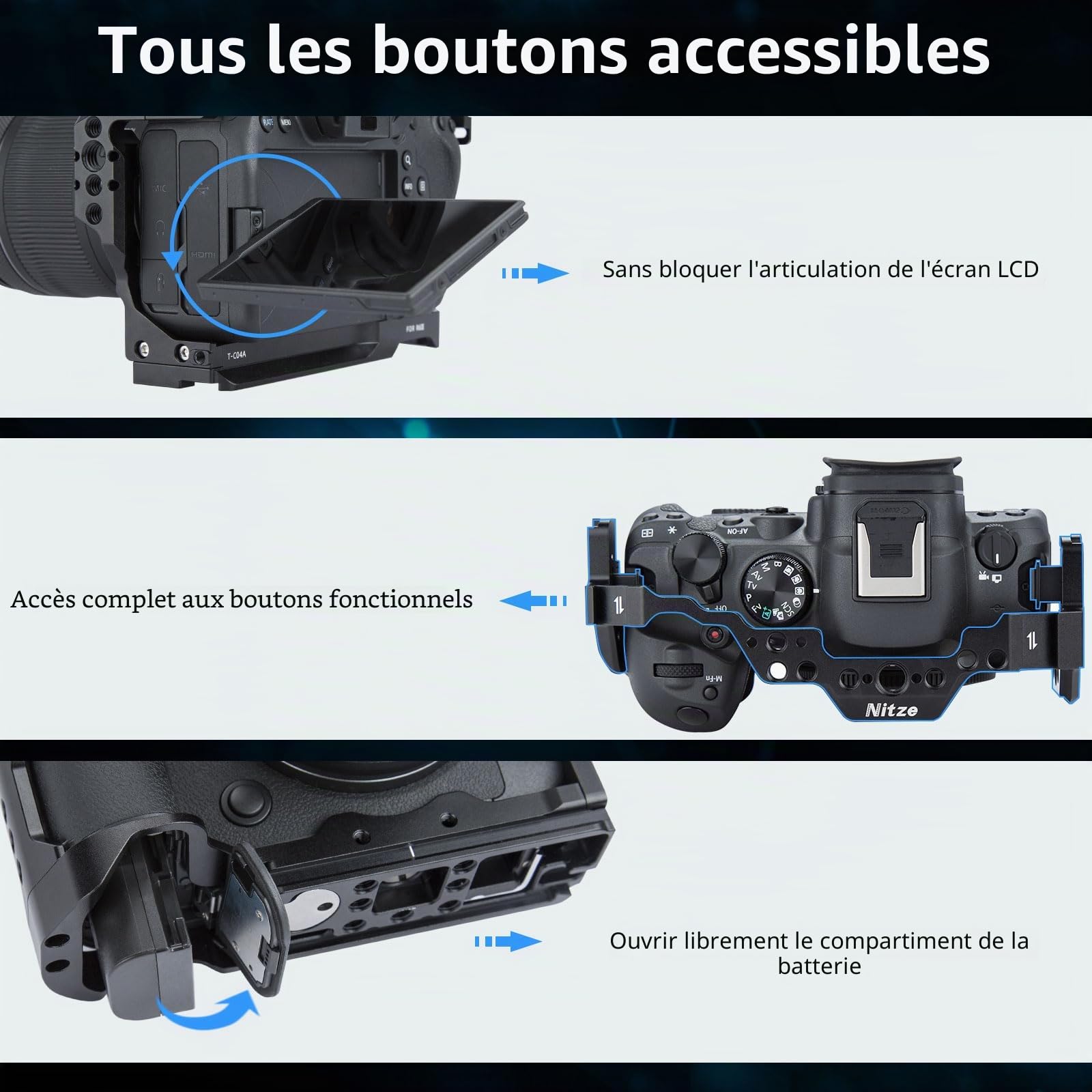 Nitze Cage Compatible avec Canon R6 Mark III/ R6 Mark II/ R5 C/ R5/ R6,avec NATO Rail Intégré, Double Cold Shoe et Plaque de Dégagement Rapide Arca - T-C04A