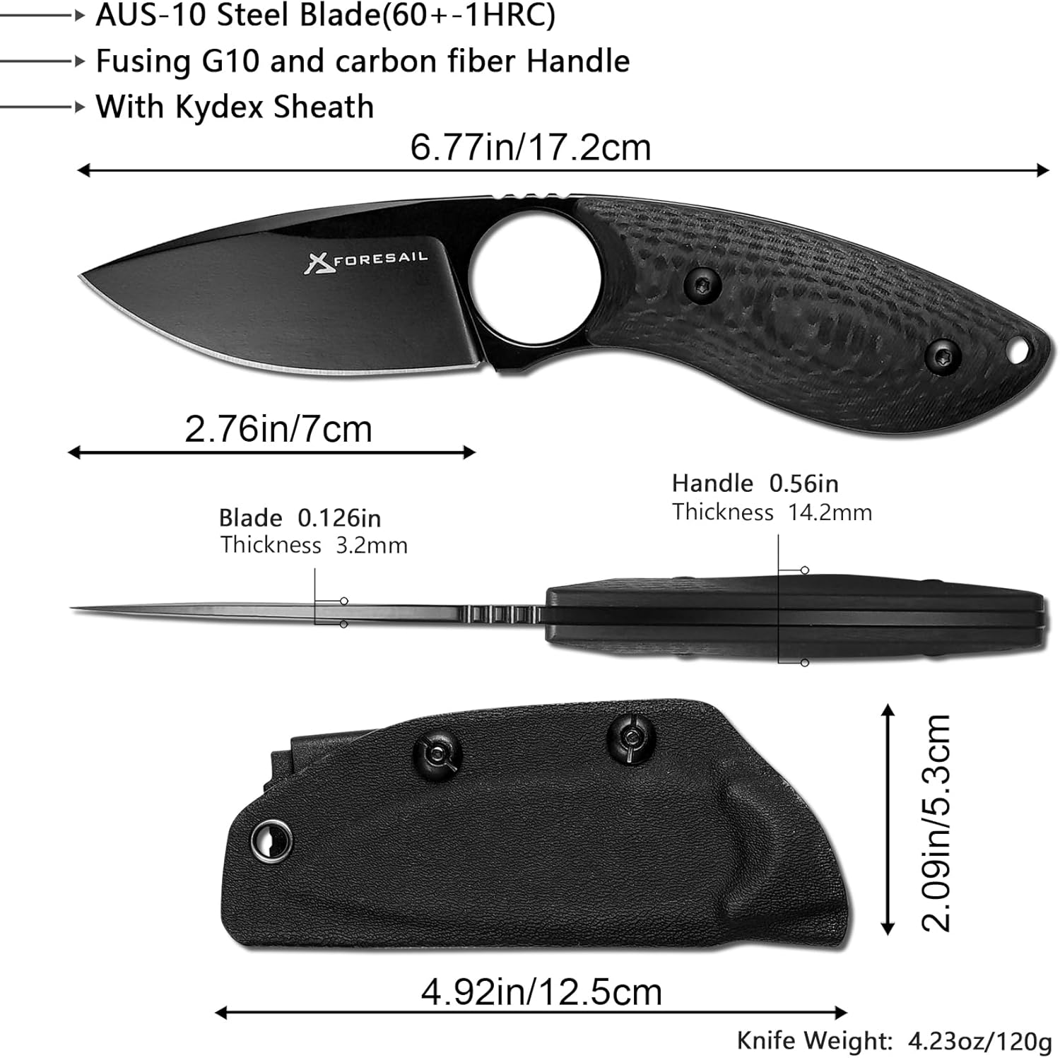 Small Fixed Blade Knife,With AUS-10 Steel Blade. new material handle made by fusing G10 and carbon fiber,with Kydex Sheath,Fixed Blade EDC Knife for Men Women, Outdoor Hunting Hiking Camping Knives