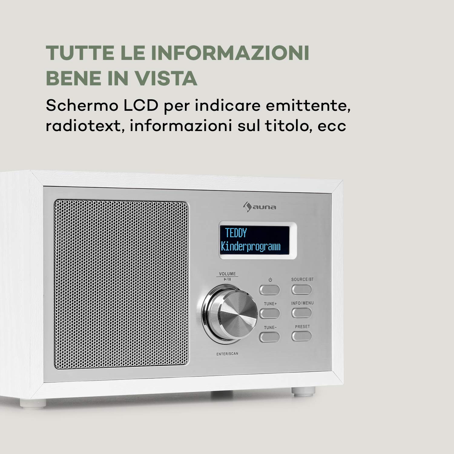 auna Ambient Radio DAB+/FM Bluetooth 5.0 A2DP Display LCD AUX-In Cuffie Effetto Legno Bianco
