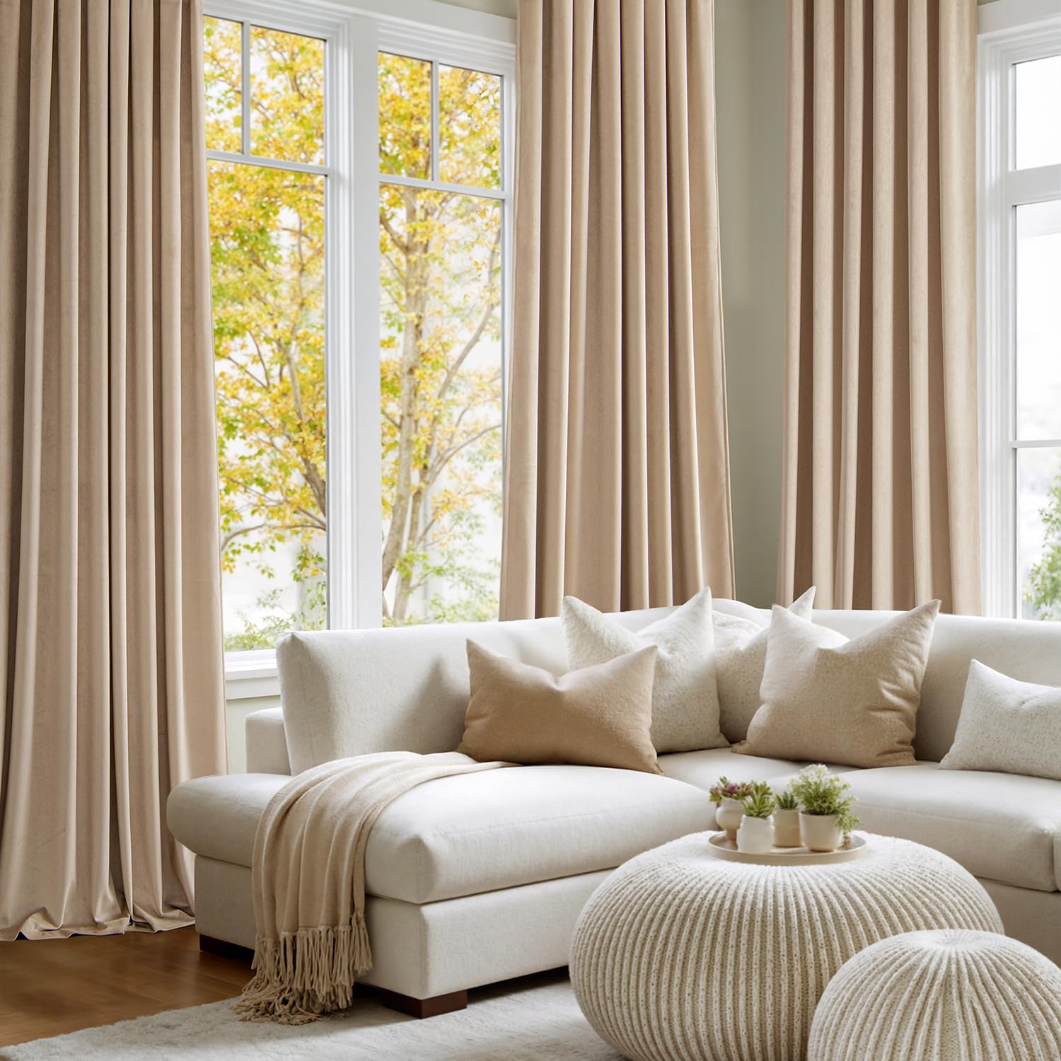 MIULEE Rideau Velours Galon Fronceur 2 pièces Beige foncé 140x280cm | Rideau en velours épais semi-occultant, isolation thermique, galon fronceur, style luxueux adapté à toutes les pièces
