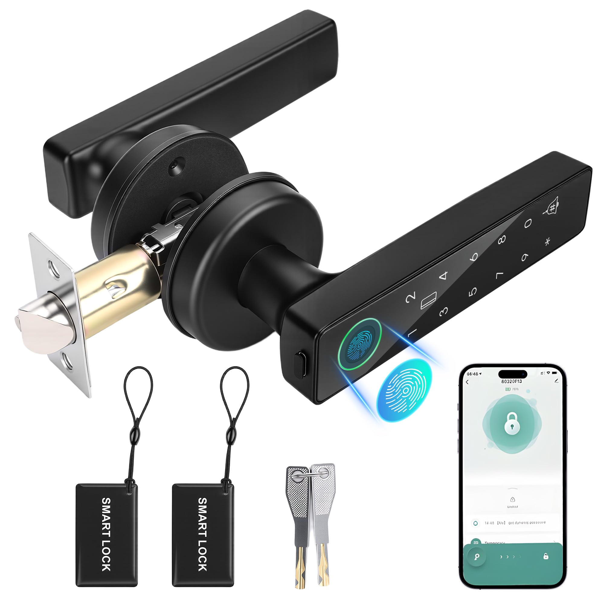 Serrure Connectée, Serrure Porte Biométrique Intelligente, Utilisable avec Empreinte Digitale, Code, Carte à Puce, App et Clé, Système de Sécurité d'Entrée Électronique, Noir