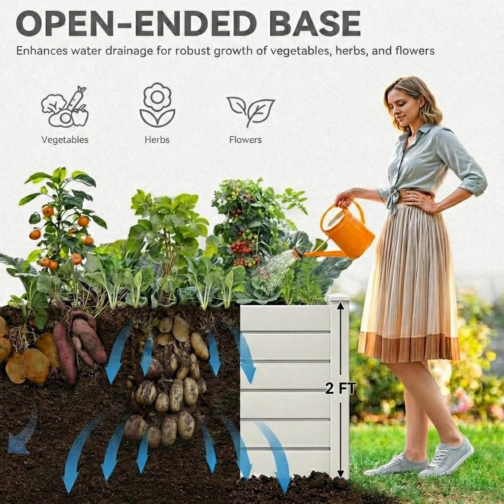 YITAHOME 48x48x24 in Plastic Raised Garden Bed with Growth Grid, Large Outdoor Vinyl Planter Box for Plants, Vegetables, and Flowers, Easy Installation, White