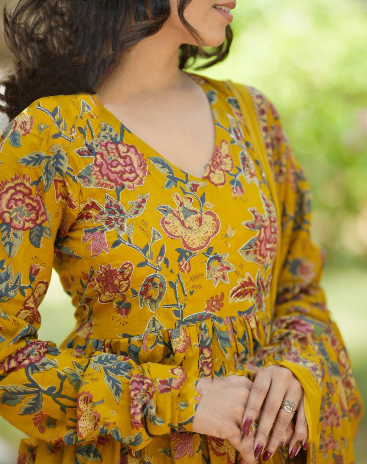 Nermosa Women Printed Anarkali Kurta And Pant Set With Dupatta (In, Alpha, L, Mustard Yellow)