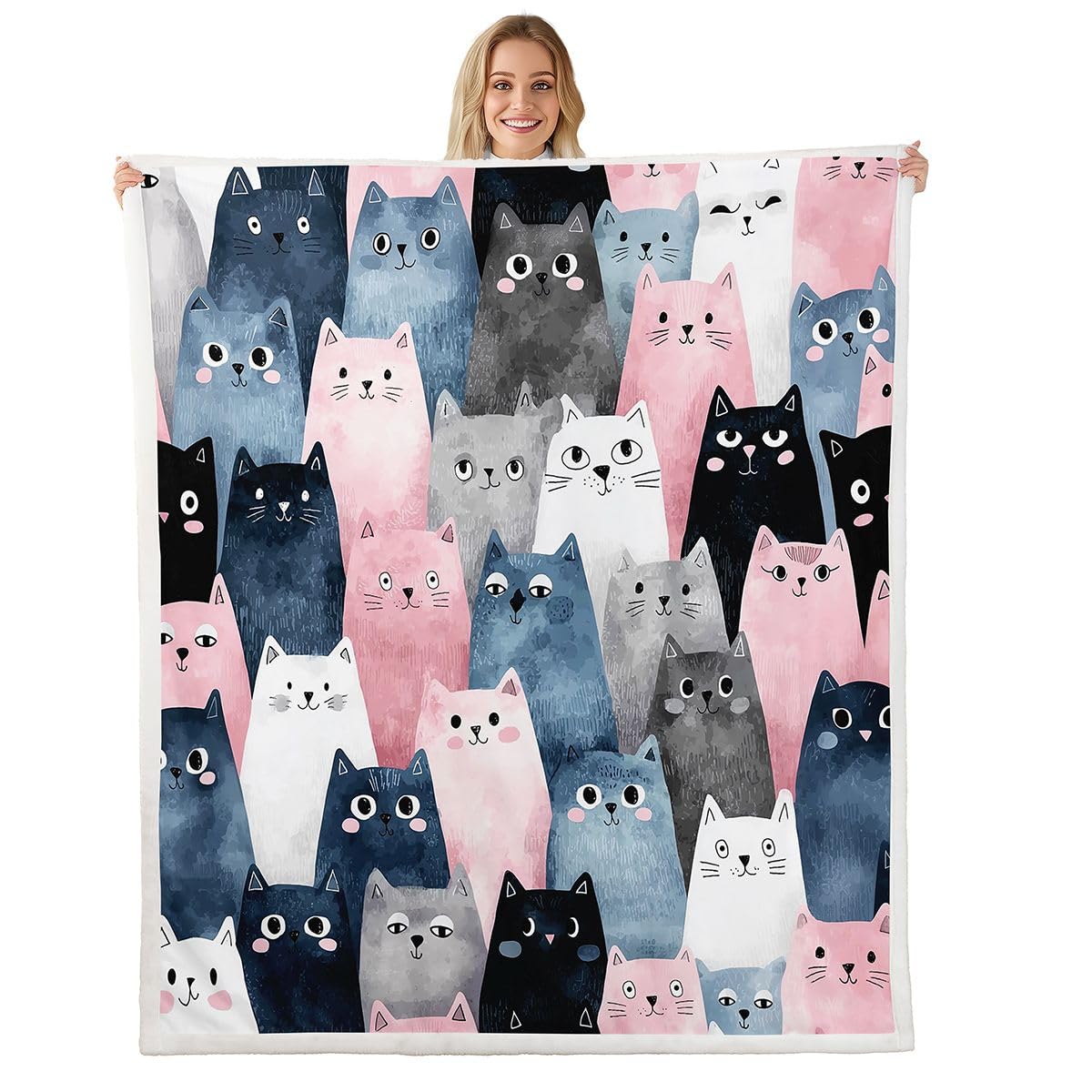 Loussiesd Kot Sherpa koc pluszowy puszysty uroczy kotek polarowy koc narzuta chłopcy dziewczęta kreskówka zwierzę na łóżko kanapę krzesło salon kawaii sypialnia dekoracja podwójna, 152 x 180 cm