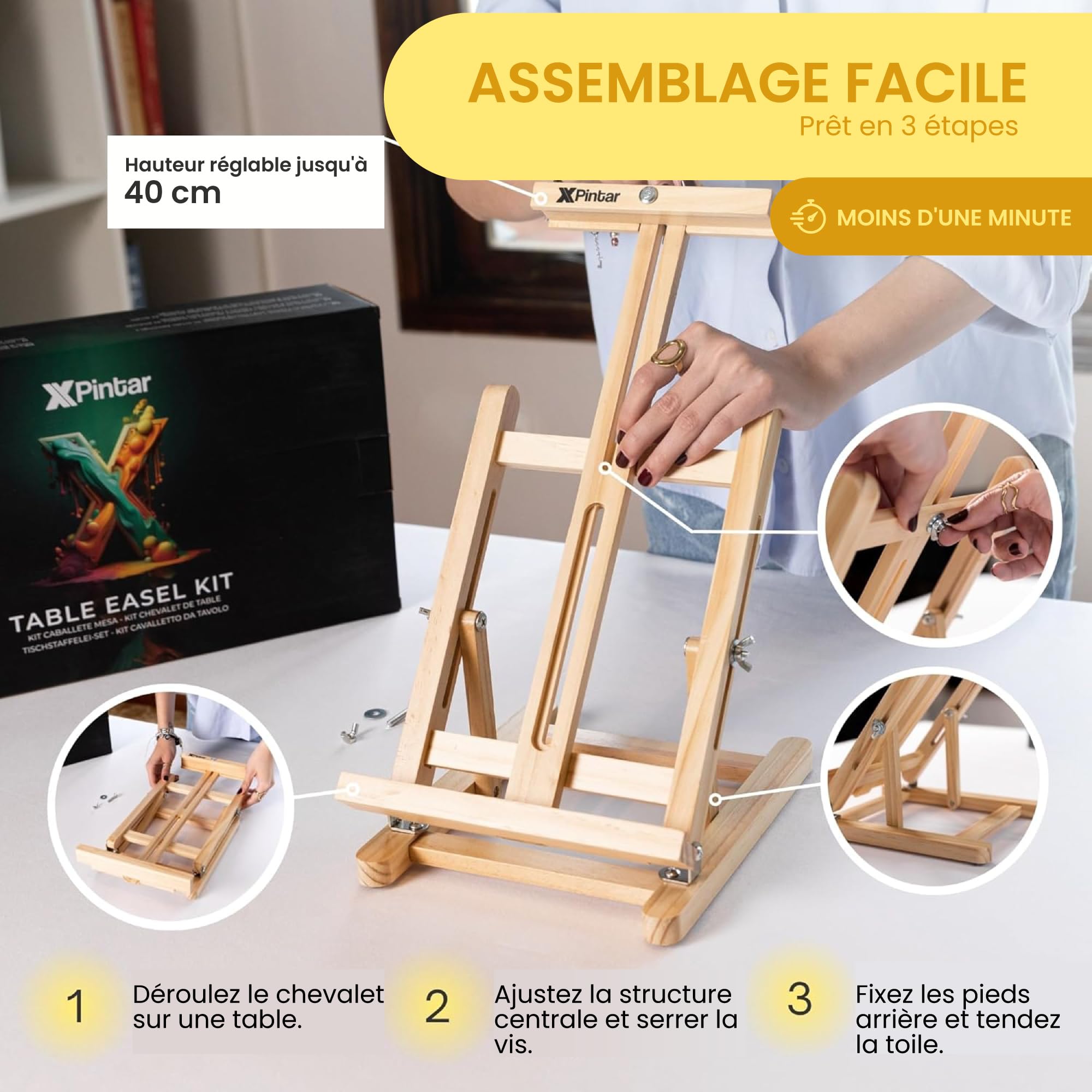 Kit Pintura Acrílica con Caballete de Mesa Madera Altura Ajustable 24 Colores 12 ml Lienzo 24x30 cm Paleta 6 Pinceles Set Artista para Principiantes y Adultos Montaje Rápido Regalo Creativo Clases DIY