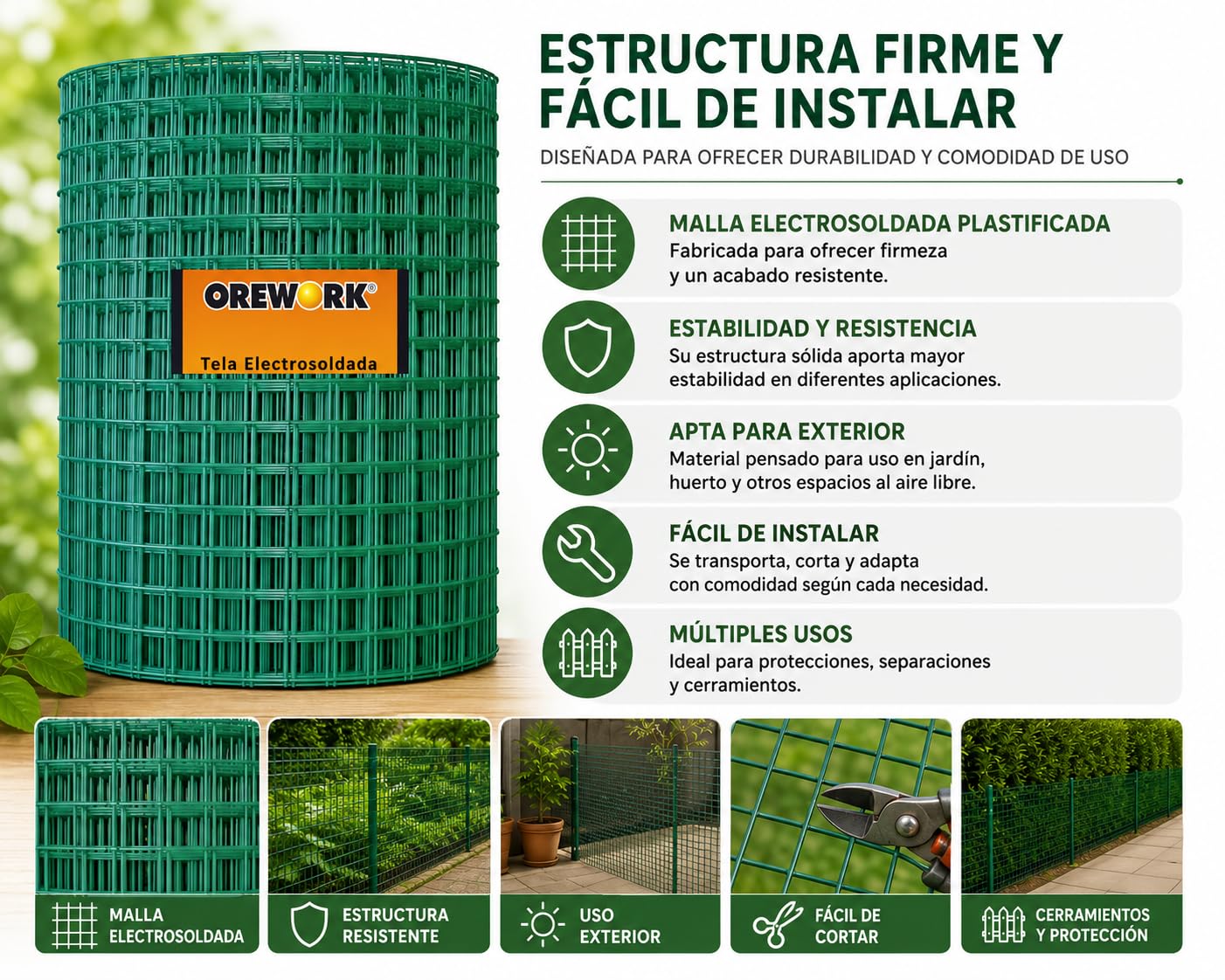 OREWORK Malla Soldada Plastificada Verde, Tela Electrosoldada para Jardín y Cerramientos - 13x13 mm - Ø 1 mm - 1x5 m