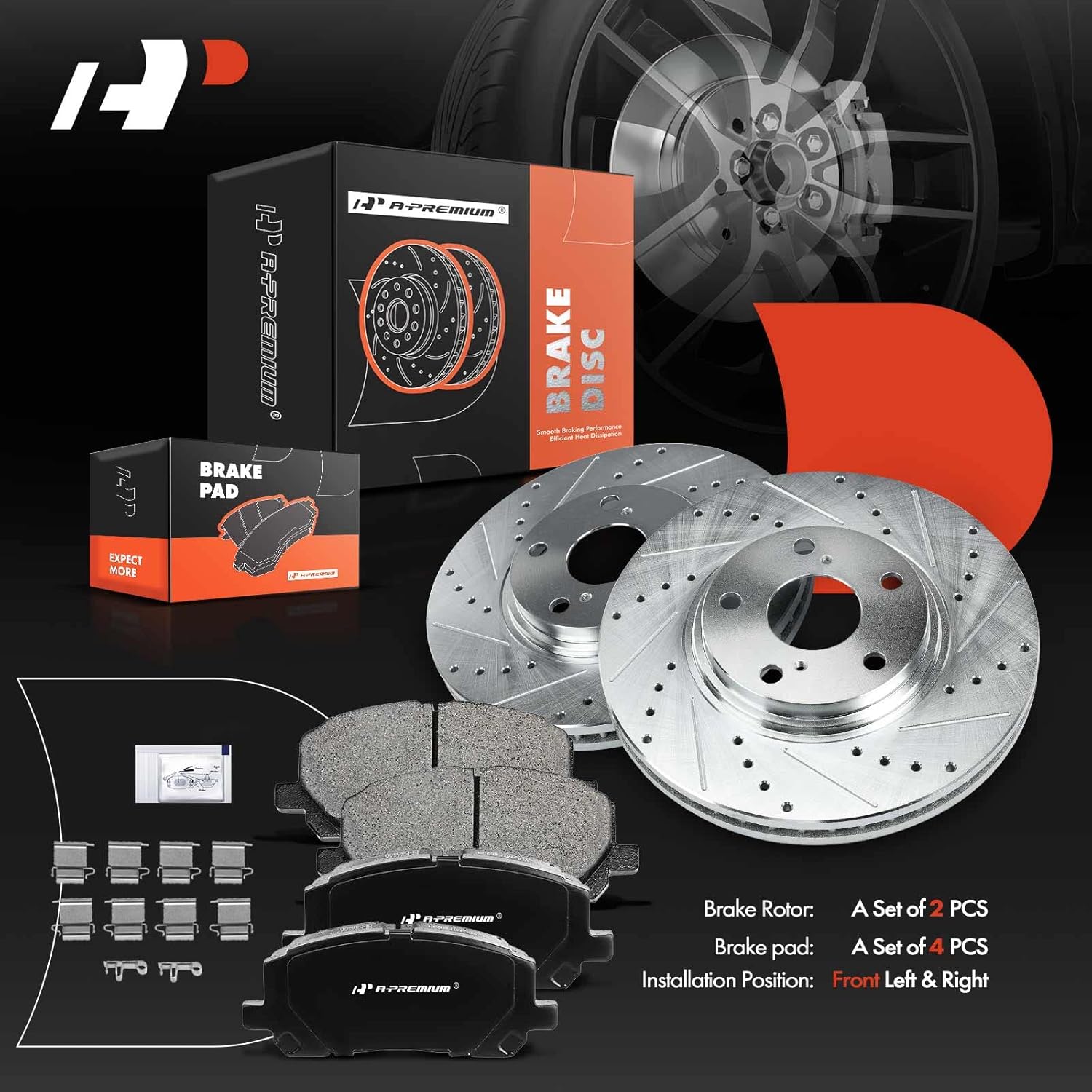 A-Premium 12.56 inch (319mm) Front Drilled and Slotted Disc Brake Rotors + Ceramic Pads Kit Compatible with Select Toyota Models - Highlander 2001 2002 2003 2004 2005 2006 2007, 6-PC Set