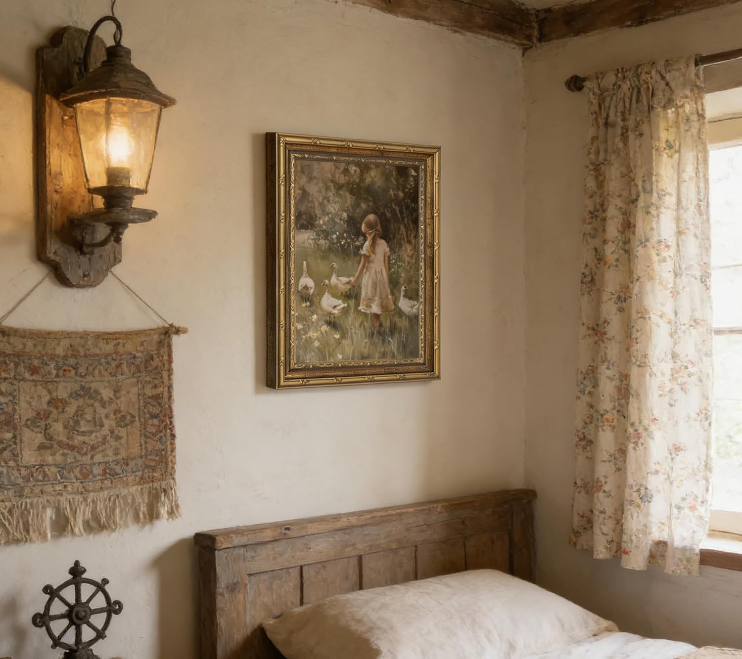 Vintage Gold Framed Canvas Wall Art Rural Goose Girl Painting Picture Cottagecore Print Poster Country Farmhouse Nature Wall Decor for Bedroom Bathroom Living Room Decoration 12x16in