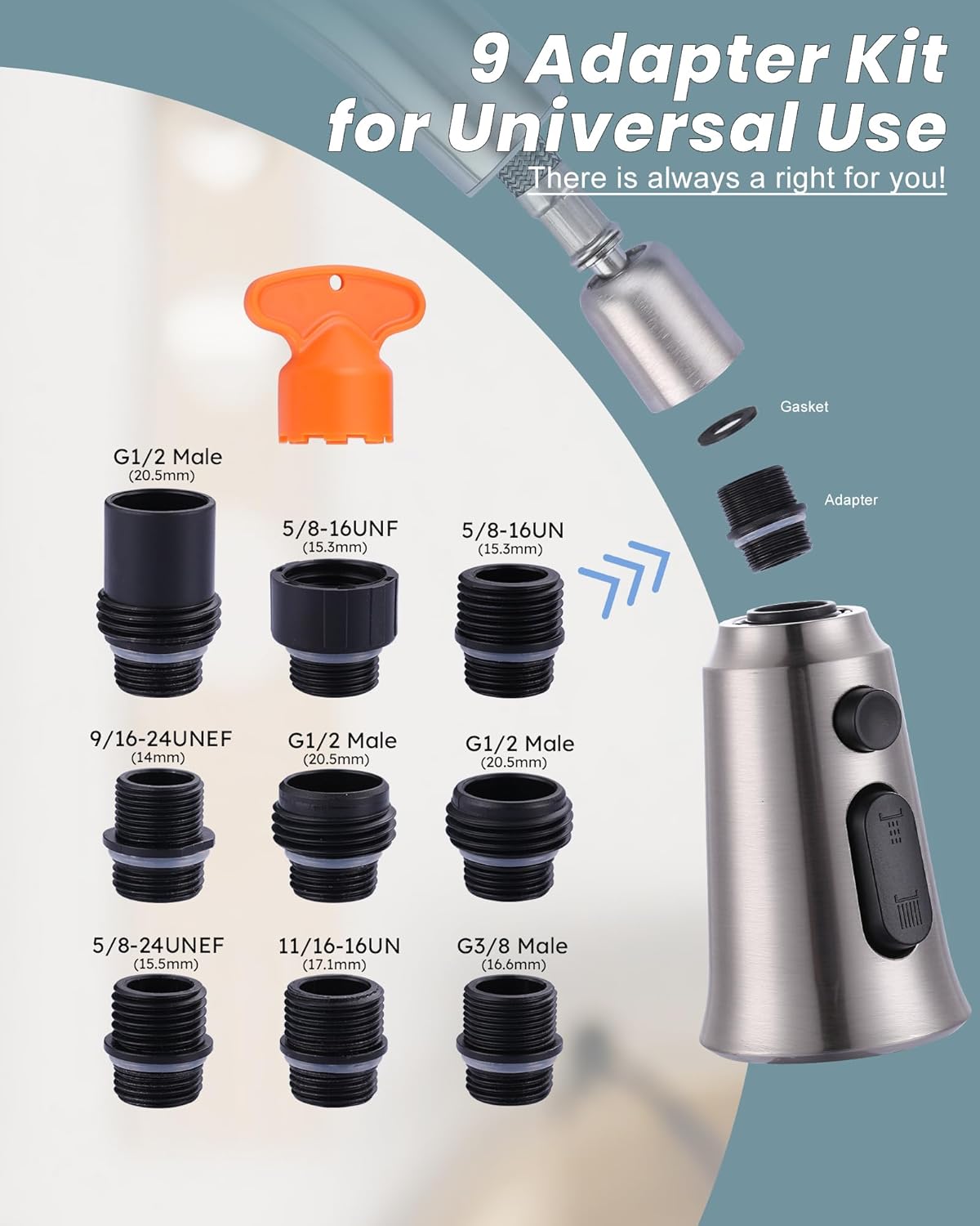 WOWOW Kitchen Faucet Head Replacement, 3 Function Pull Down Faucet Sprayer Head with 9 Adapters, Brushed Nickel Kitchen Sprayer Nozzle Compatible with Moen, Delta, Kohler Faucets