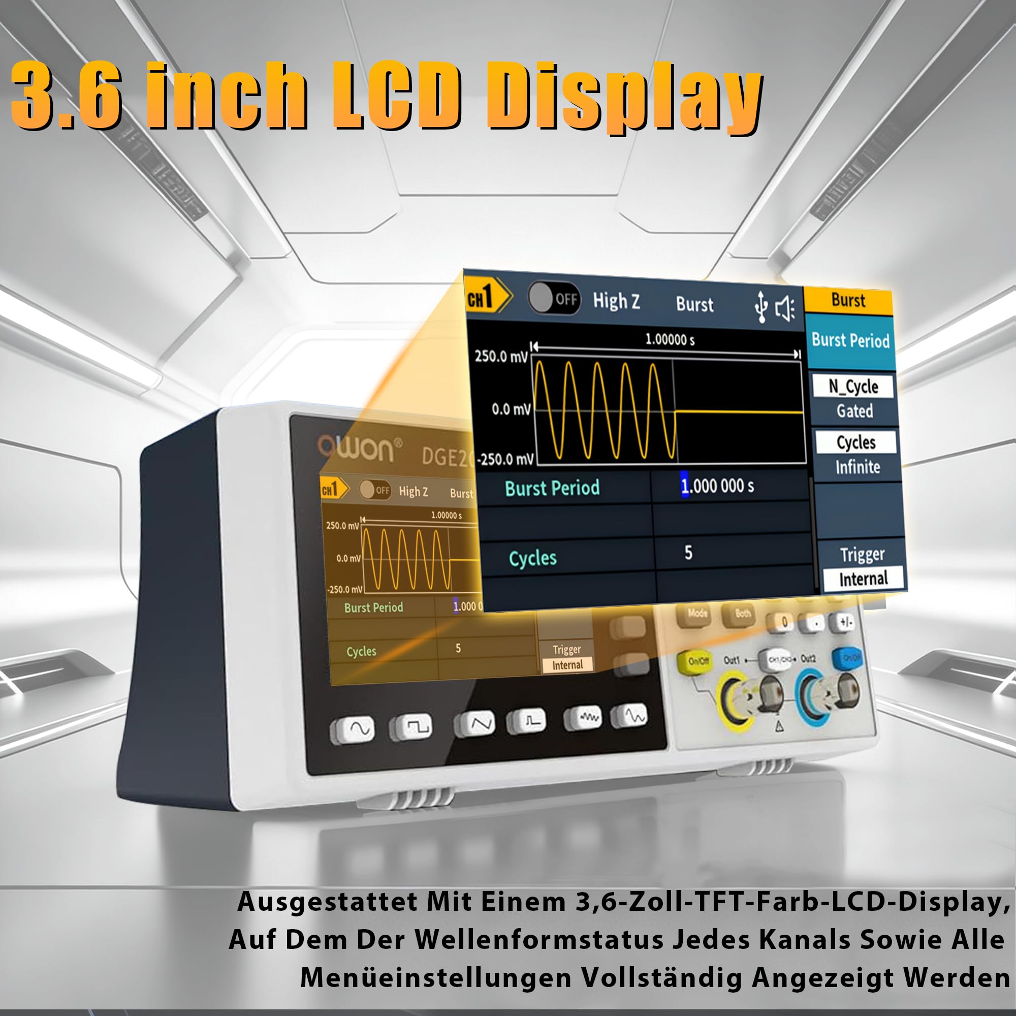 OWON DGE2070 2-Kanal-Funktionsgenerator für Mess-, Test- und Entwicklungsaufgaben, 70 MHz, 300 MSa/s, 14 Bit, SCPI und PC-Steuerung