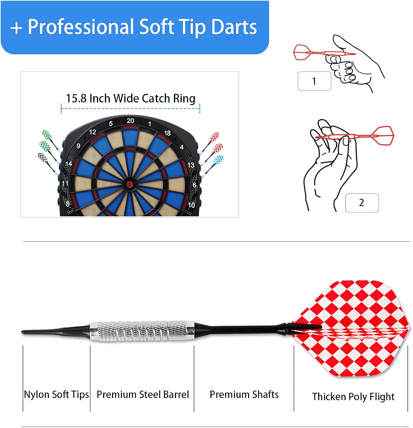 OLI Electronic Dart Board with 12 Soft Tip Darts, LED Display Automatic Scoring Dartboard Sets for Adults, 100 Plastic Tips & Power Adapter Include (Blue) : Sports & Outdoors