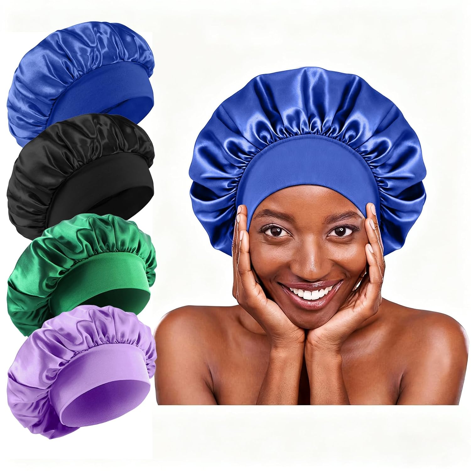 4Pcs Silk Satin Bonnets for Sleeping - Elastic Wide Band Wrap for Black Women Men,Silk Bonnets for Curly Hair,Large Hair Cap for Sleeping (Black+Wine Red+Purple+Brown)