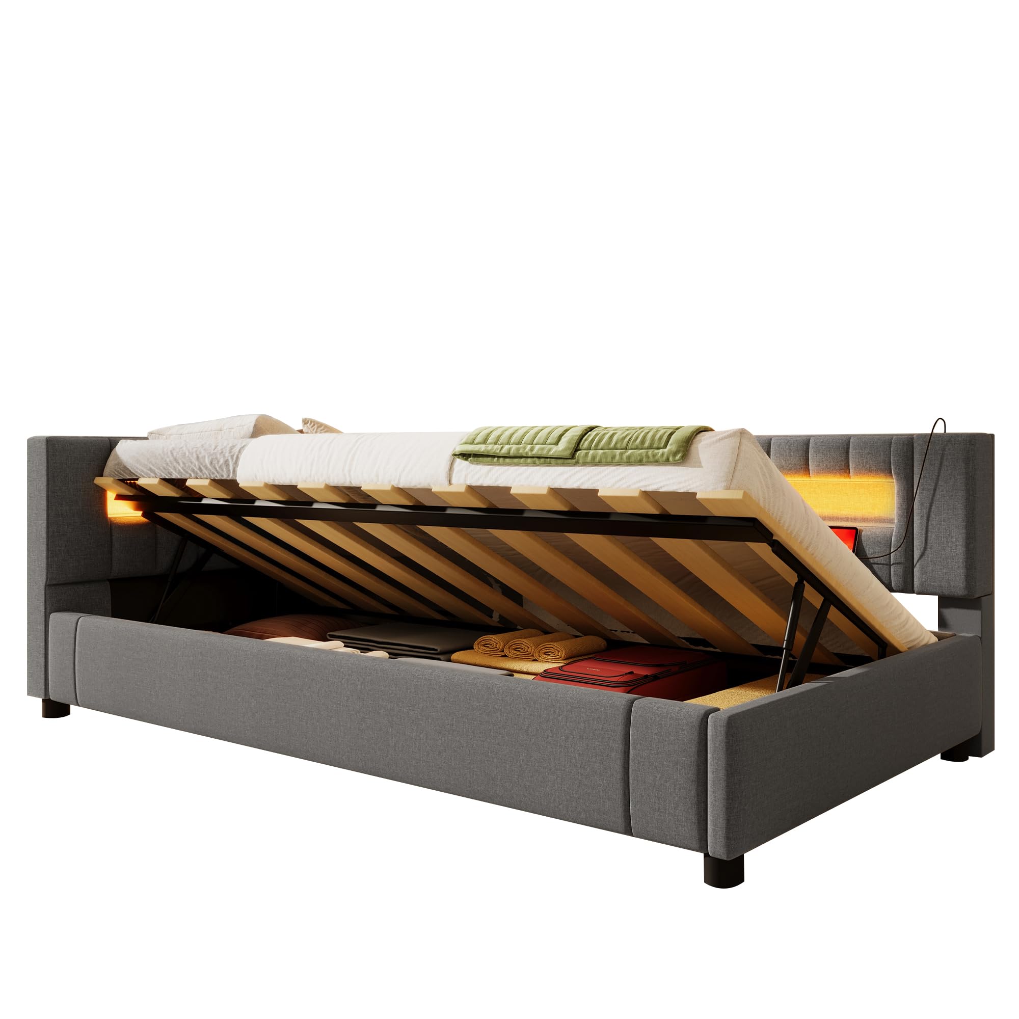 Sofá Cama Individual 90x200 cm, Gris, con Somier, Espacio de Almacenaje Hidráulico, Iluminación LED y App, Puerto USB + Tipo-C, Tejido de Lino, para Niños y Adultos, Sin Colchón